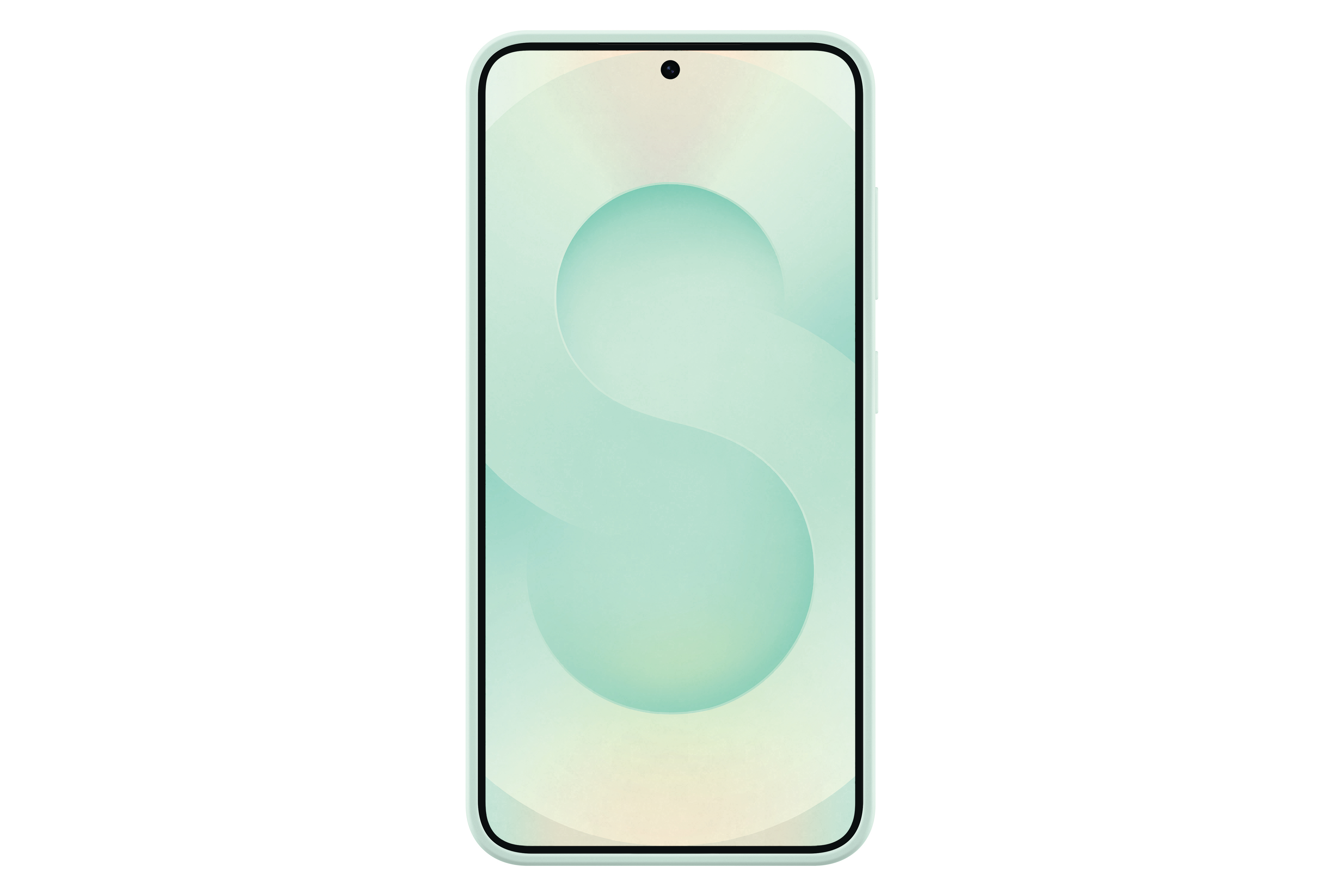 Hellgrünes Smartphone mit einem Bildschirm, der ein hellgrünes 'S'-Design zeigt, auf weißem Hintergrund.