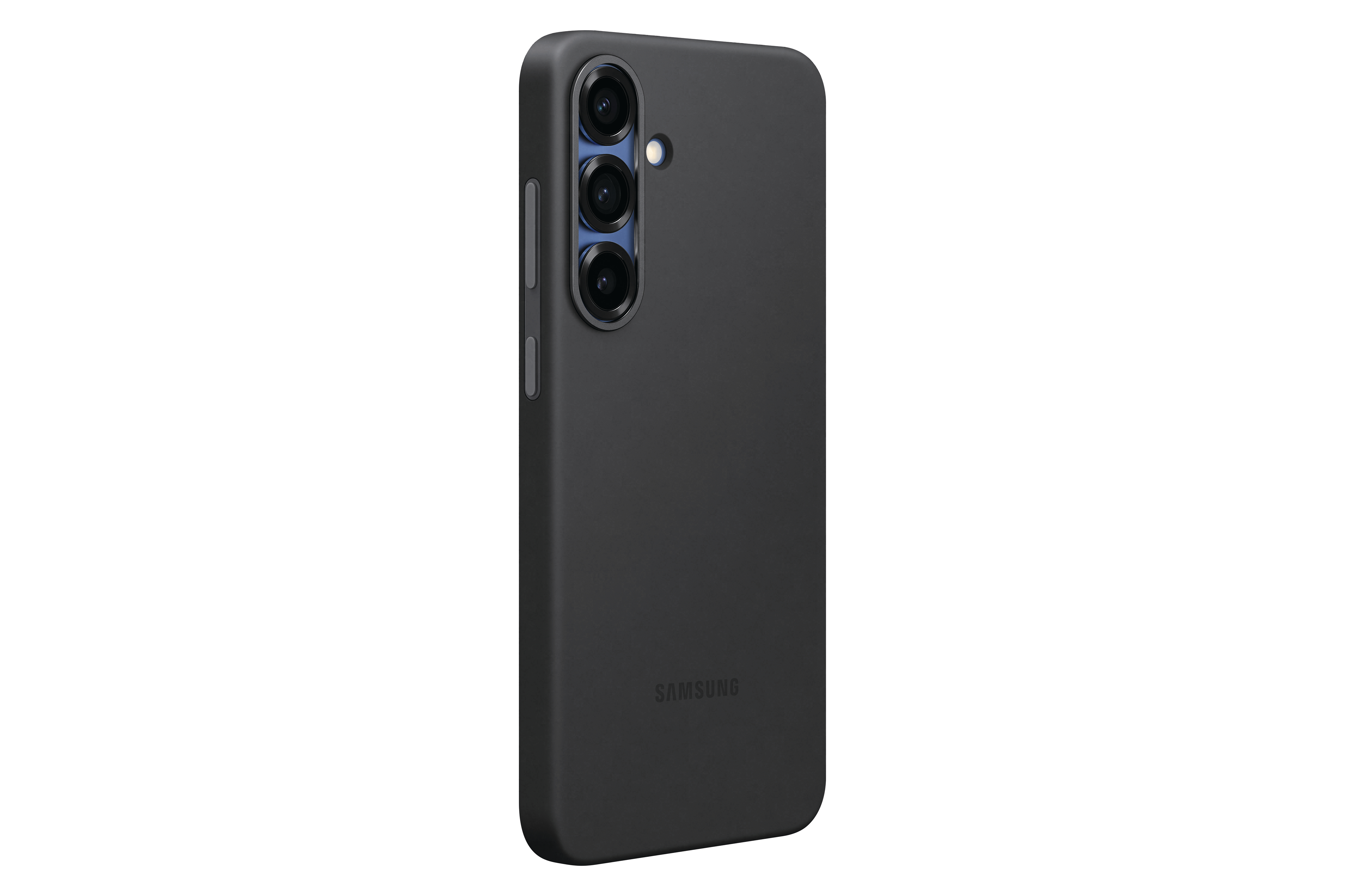 Schwarzes Telefon in einer Hülle. Drei Rückkameras sichtbar. Samsung Logo.