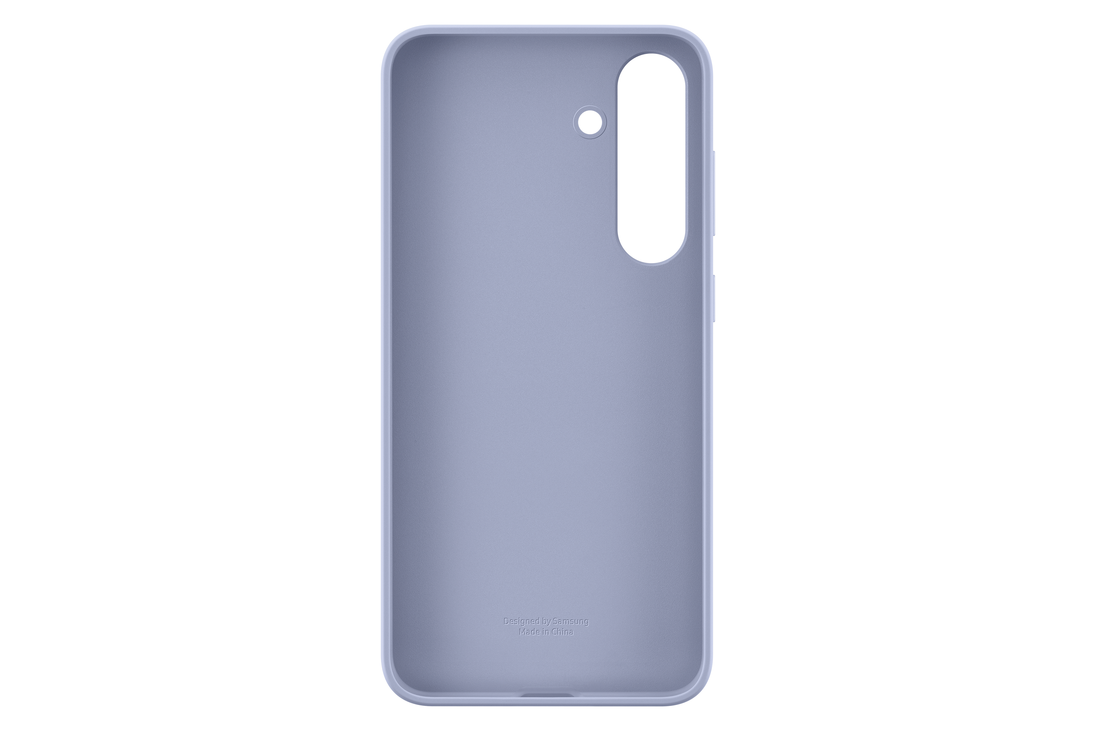 Blaue Telefonhülle, Innenansicht, mit Kameraloch und Text 'Designed by Samsung'.