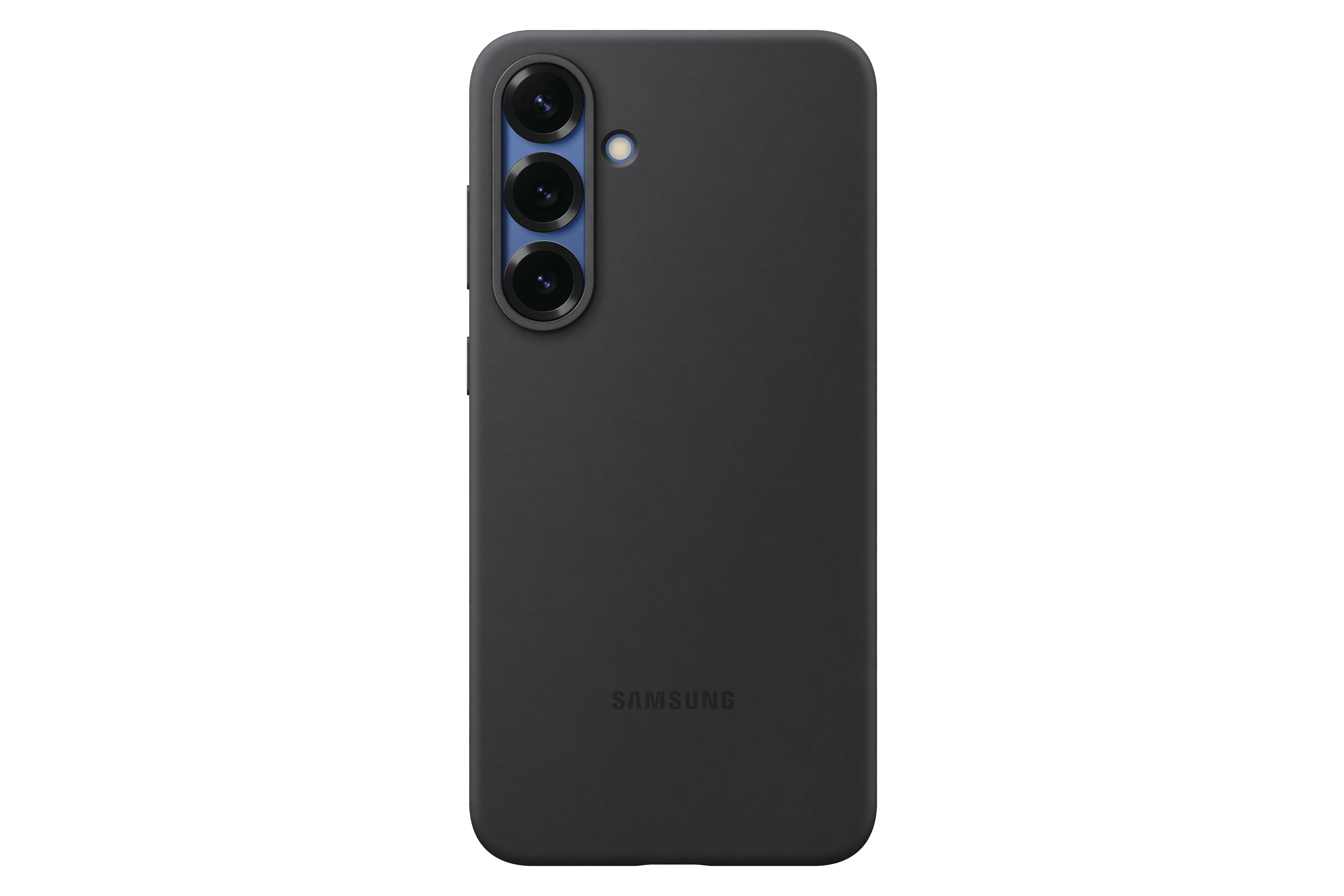 Ein schwarzes Samsung-Telefon mit drei Rückkameras. Das Samsung-Logo befindet sich unten.