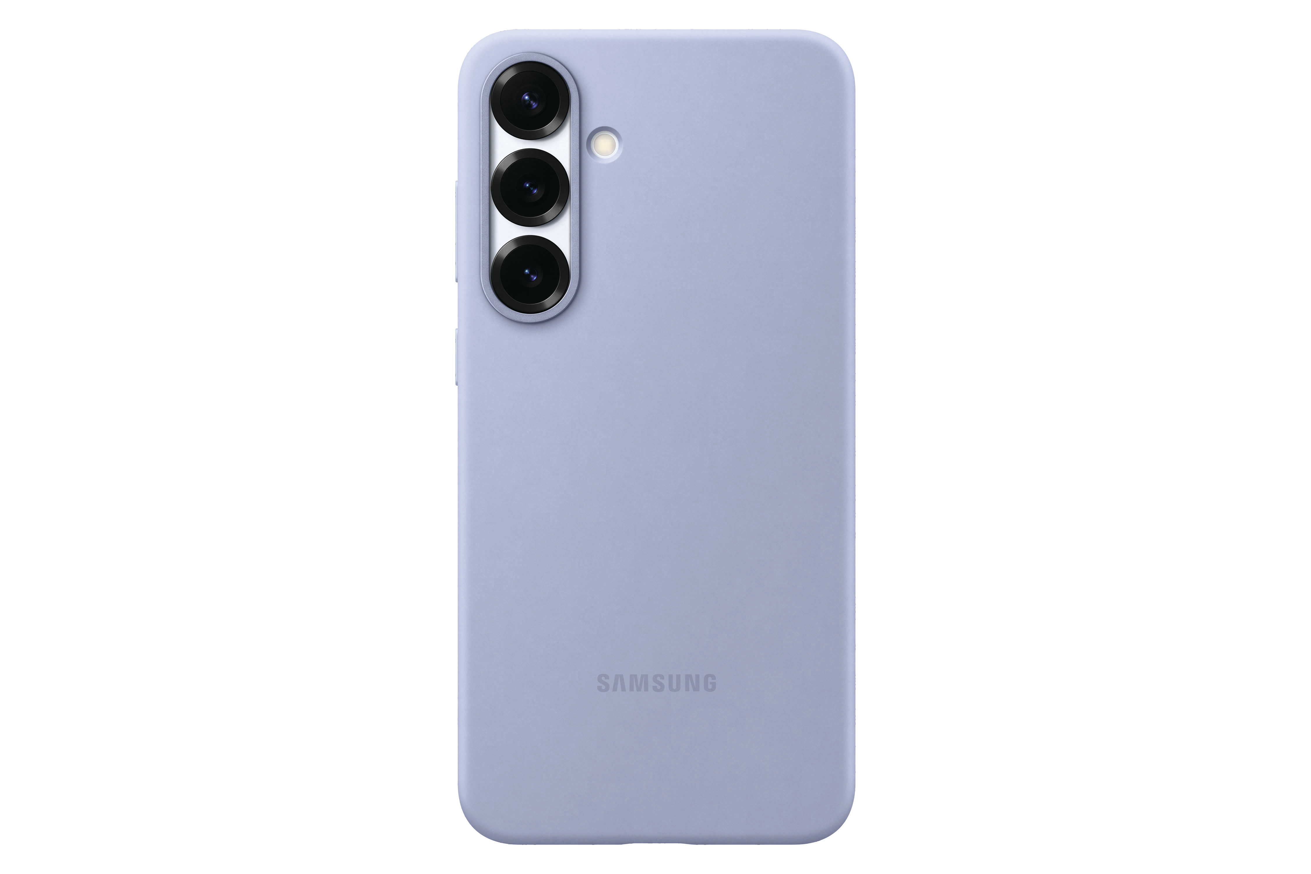 Lavendelfarbene Handyhülle mit Kameraausschnitt und Samsung-Logo auf weißem Hintergrund.