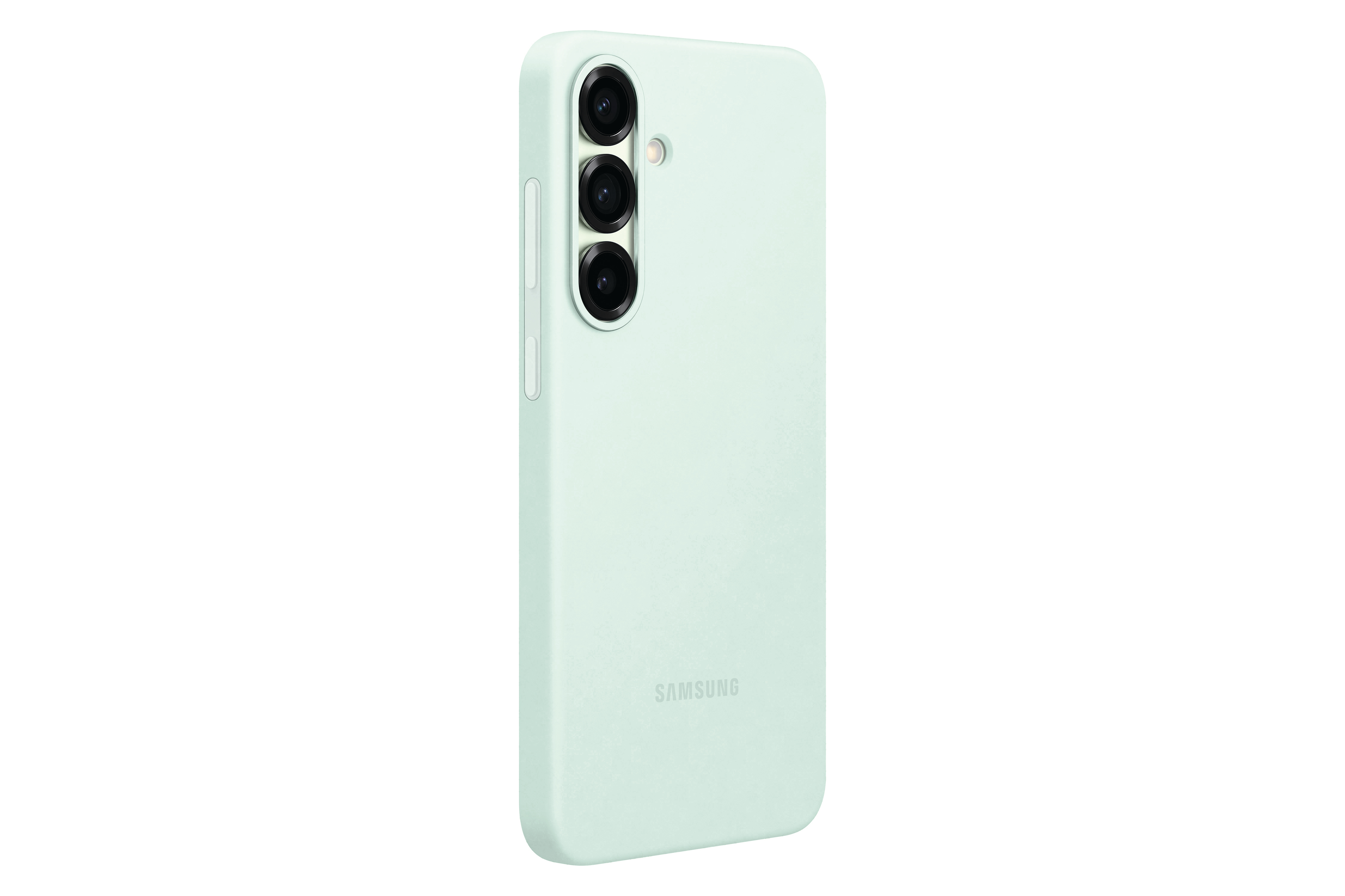 Die Rückseite eines hellgrünen Telefons mit drei Kameras wird gezeigt, SAMSUNG-Logo sichtbar.