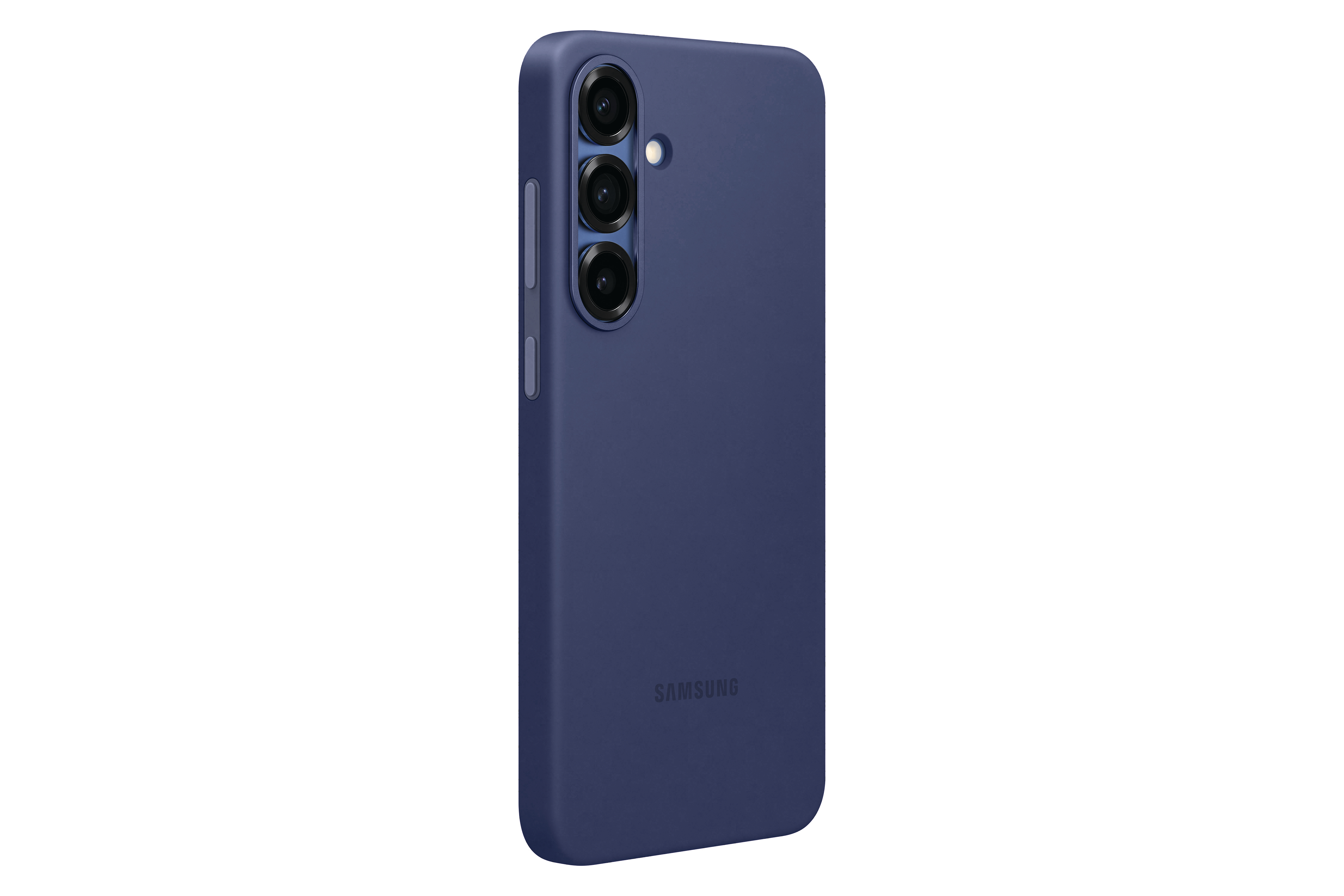 Marineblaues Samsung Telefon in Schutzhülle, weißer Hintergrund.