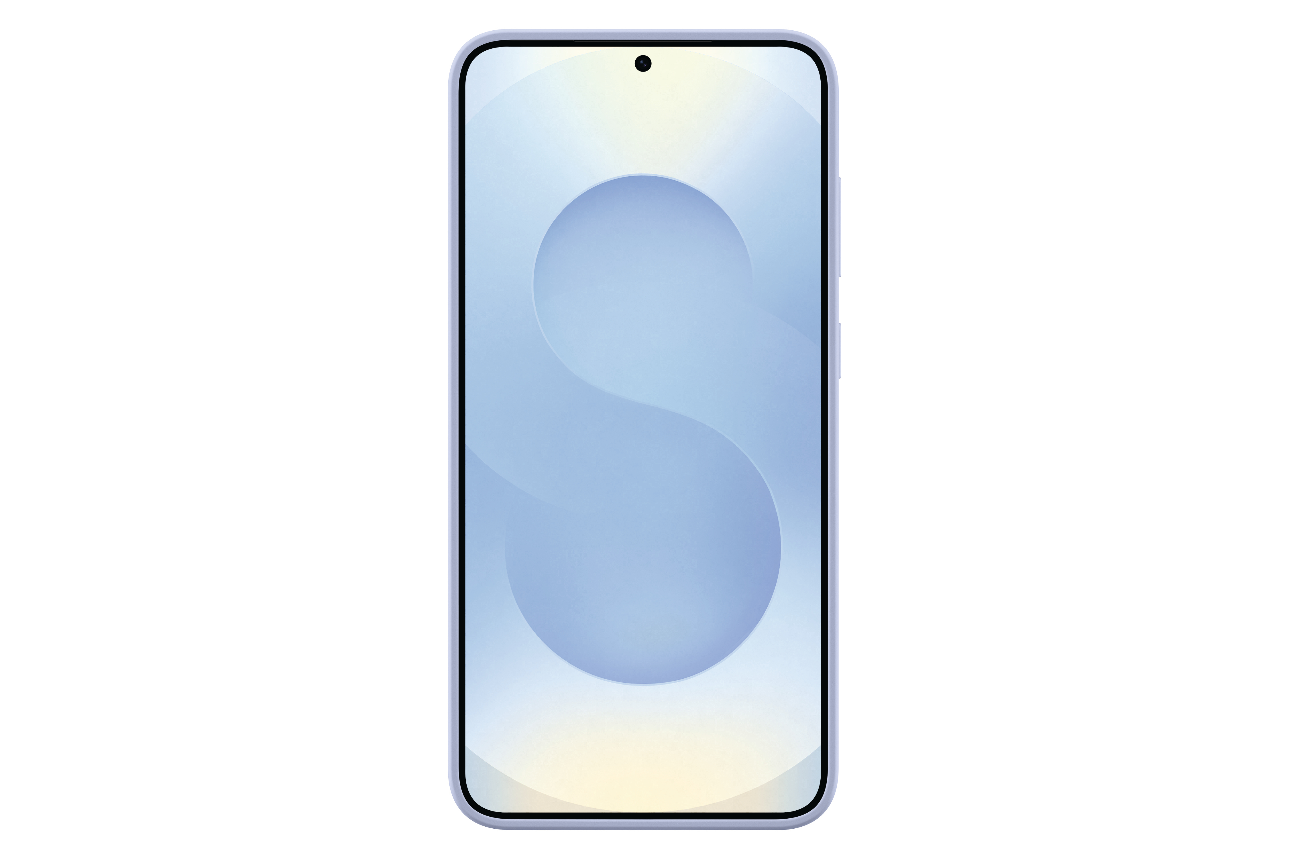 Ein helllila Smartphone mit einem großen, hellblauen 'S' auf dem Bildschirm.