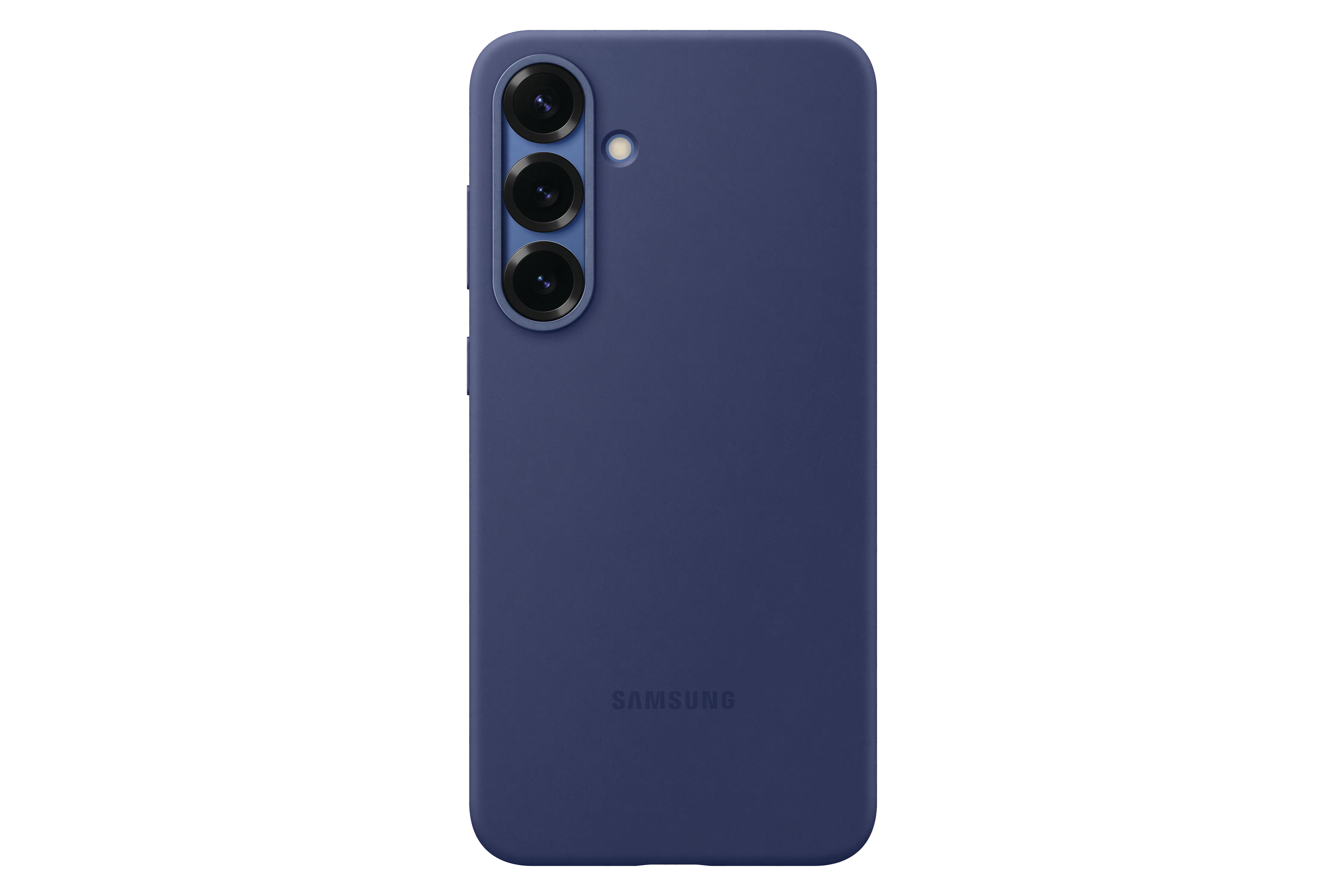Dunkelblaue Telefonrückseite mit drei Kameralinsen und Samsung-Logo.