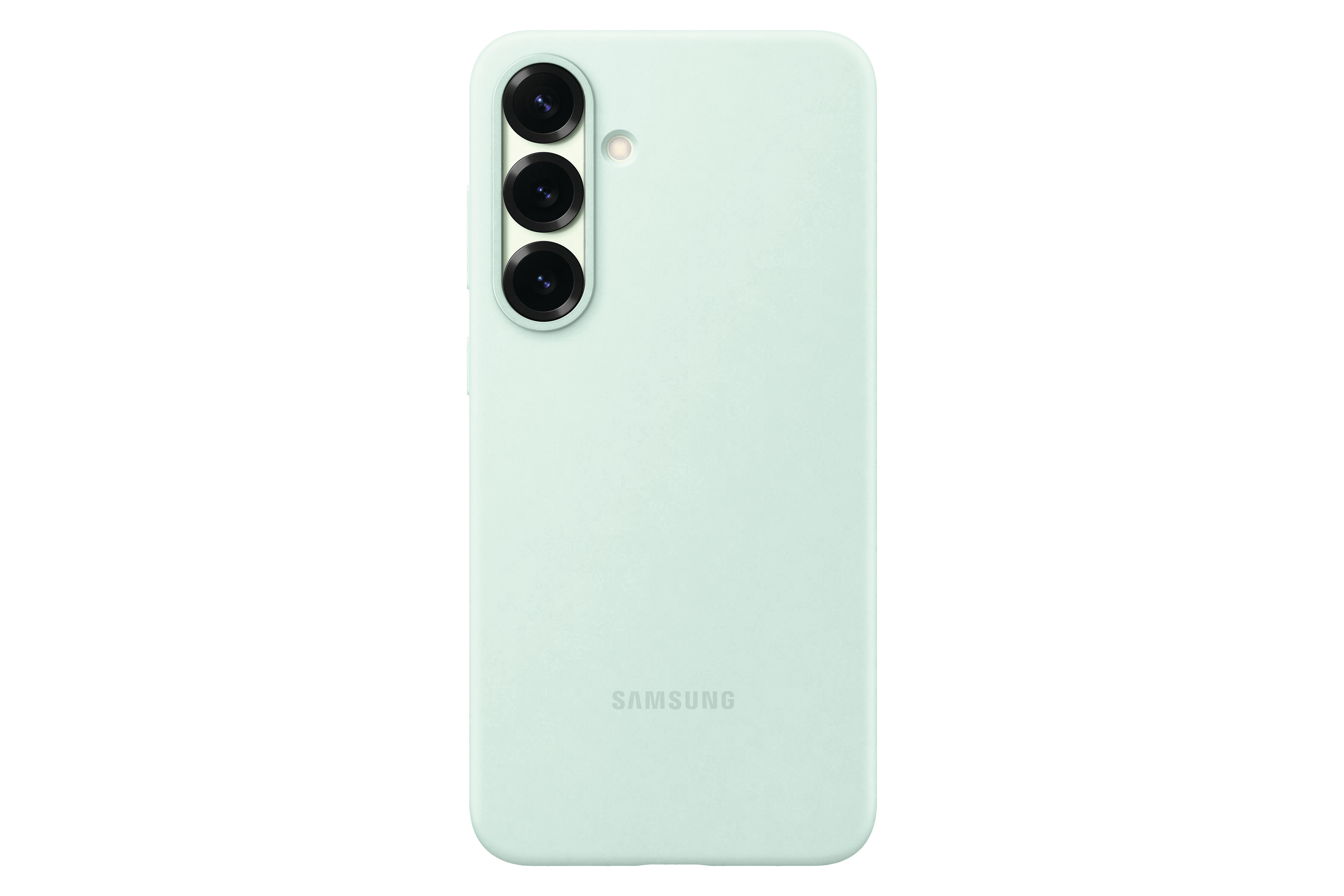 Minzgrüne Handyhülle mit Kameralinsen und Samsung-Logo auf weißem Hintergrund.