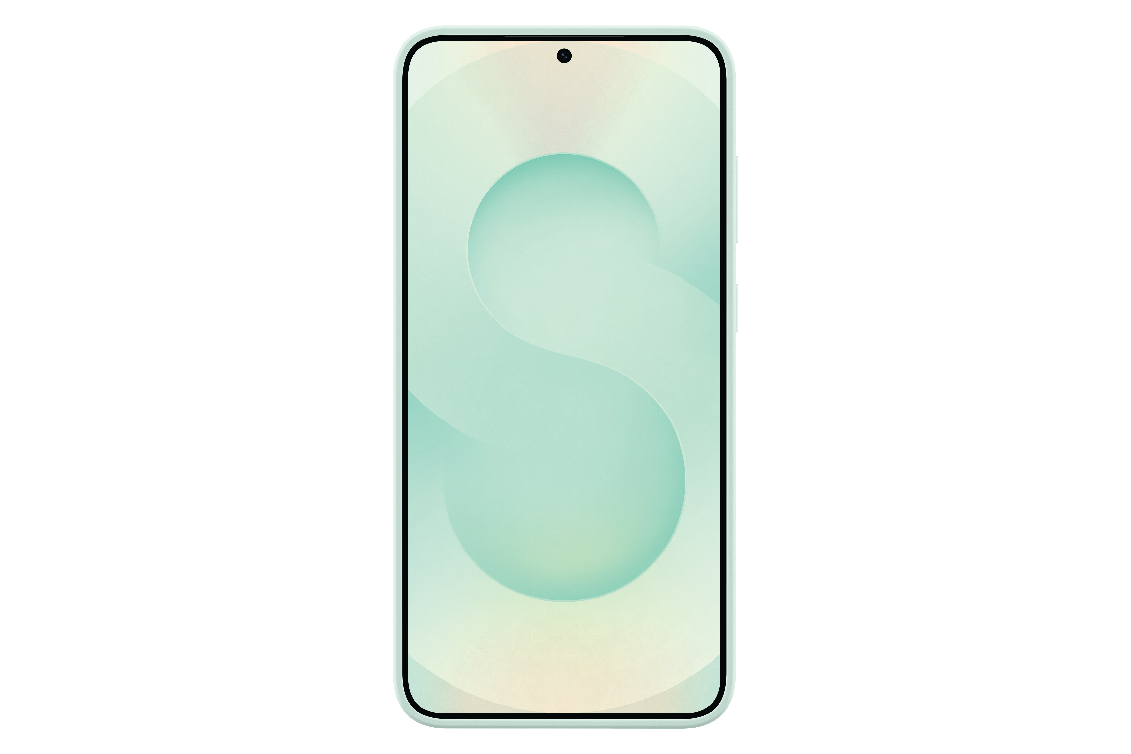 Mintgrünes Smartphone, geschwungener Bildschirm. Hellgrünes 'S'-Form-Design. Weißer Hintergrund. Vorderansicht.