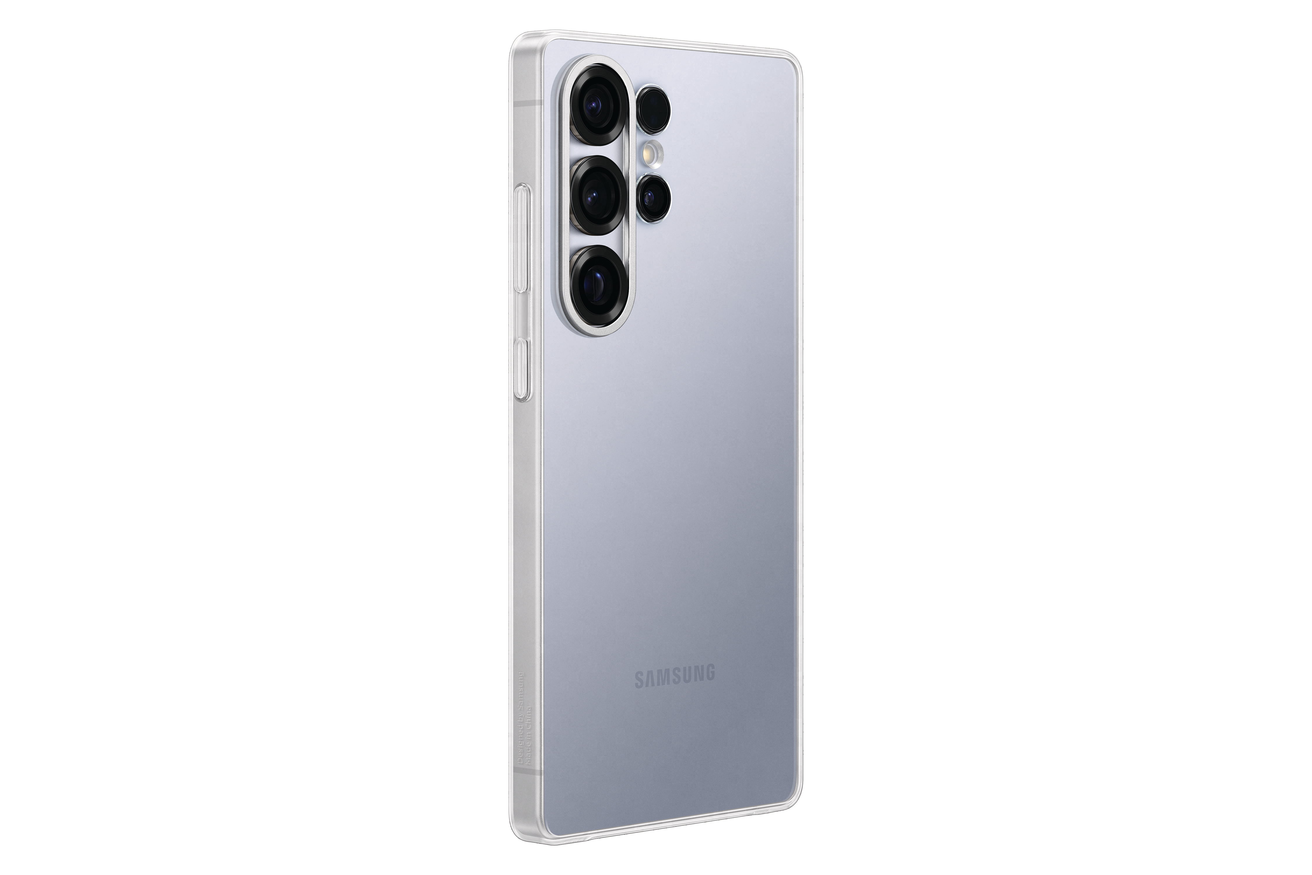 Ein hellviolettes Telefon mit Kameralinsen auf der Rückseite und einem silbernen Rand.