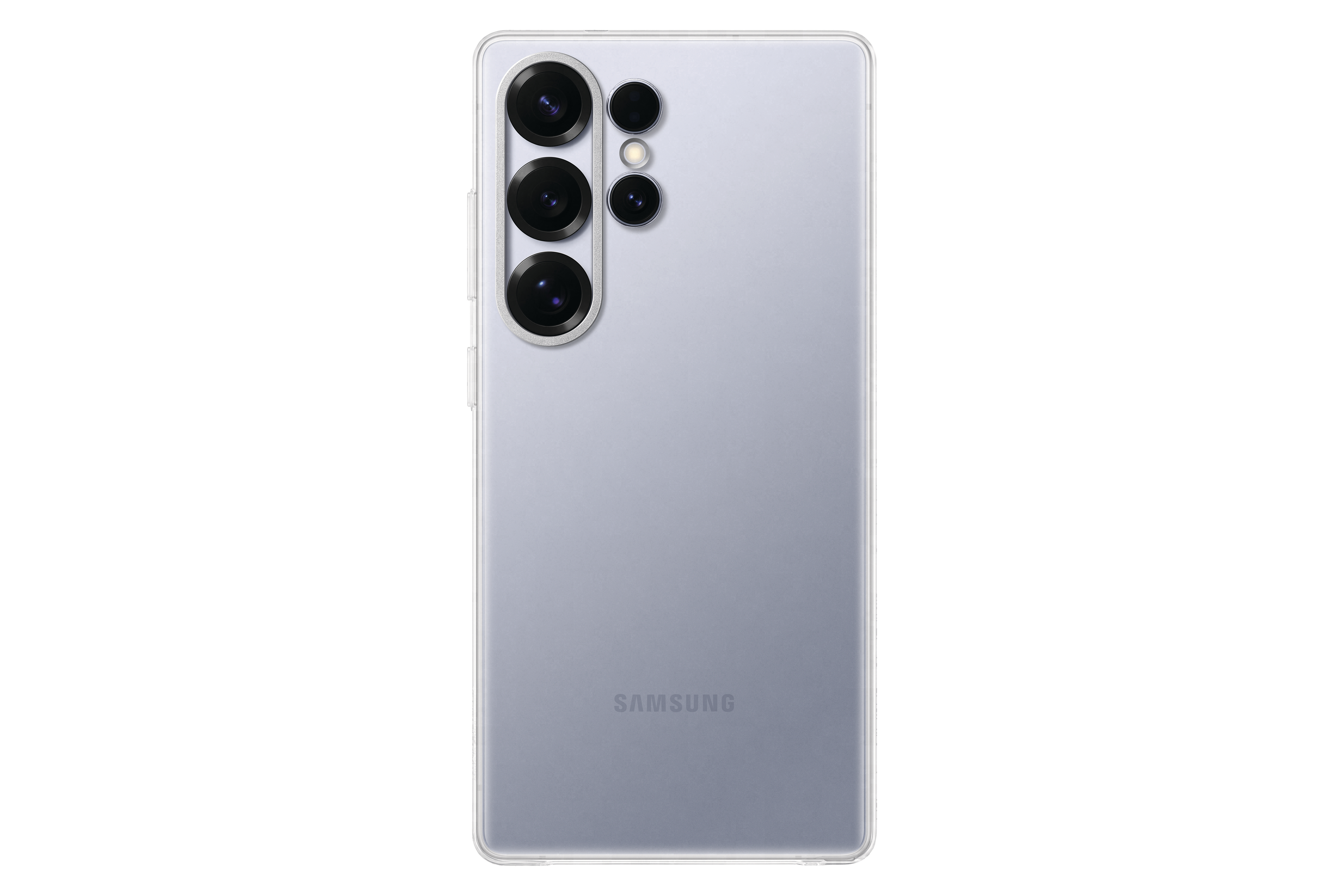 Rückseite eines hellvioletten Smartphones mit mehreren Kameras und einem Samsung-Logo.