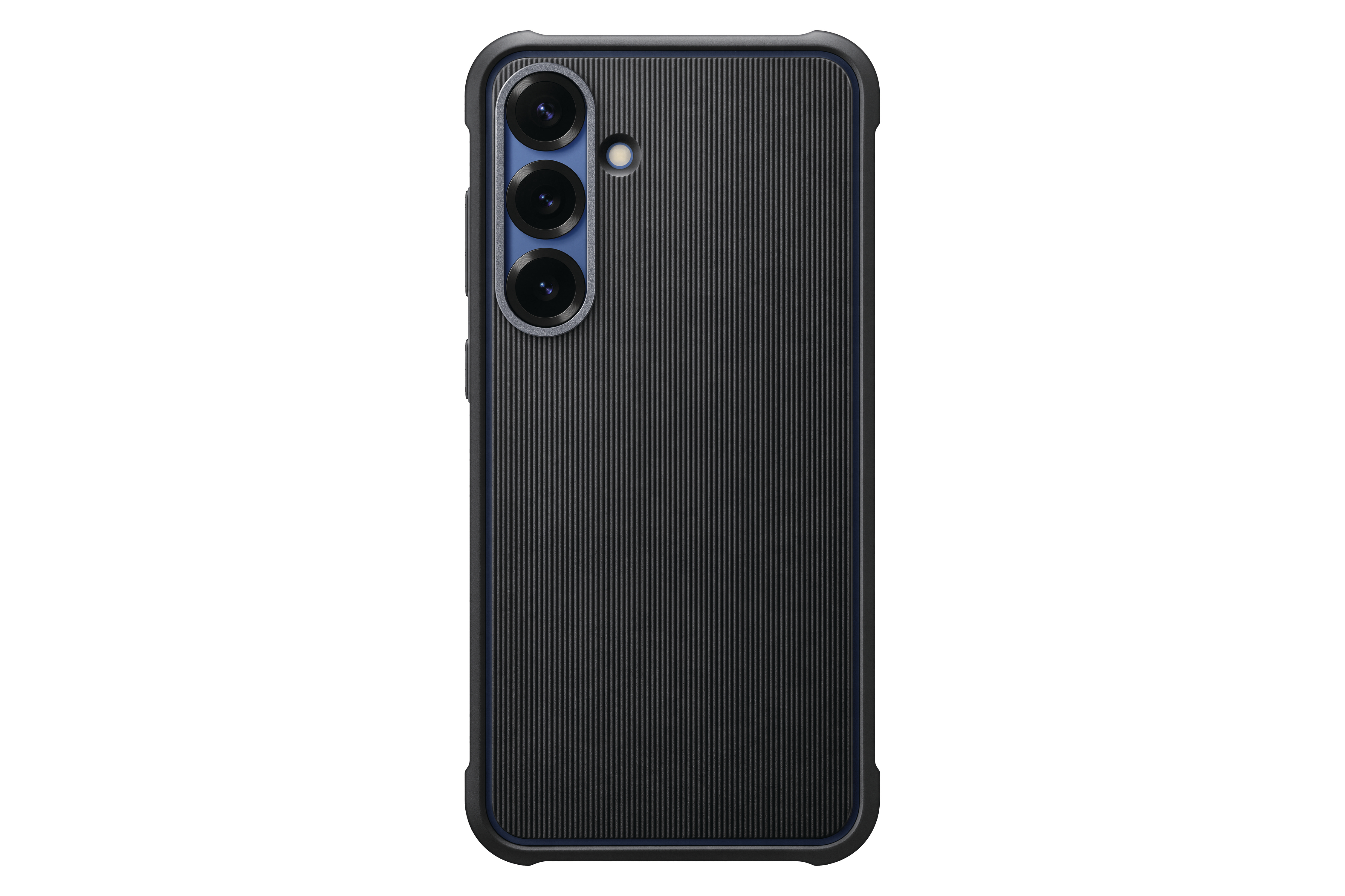 Schwarzes Telefon mit gerippter Rückseite, Dreifachkamera und dunkelblauem Rahmen.