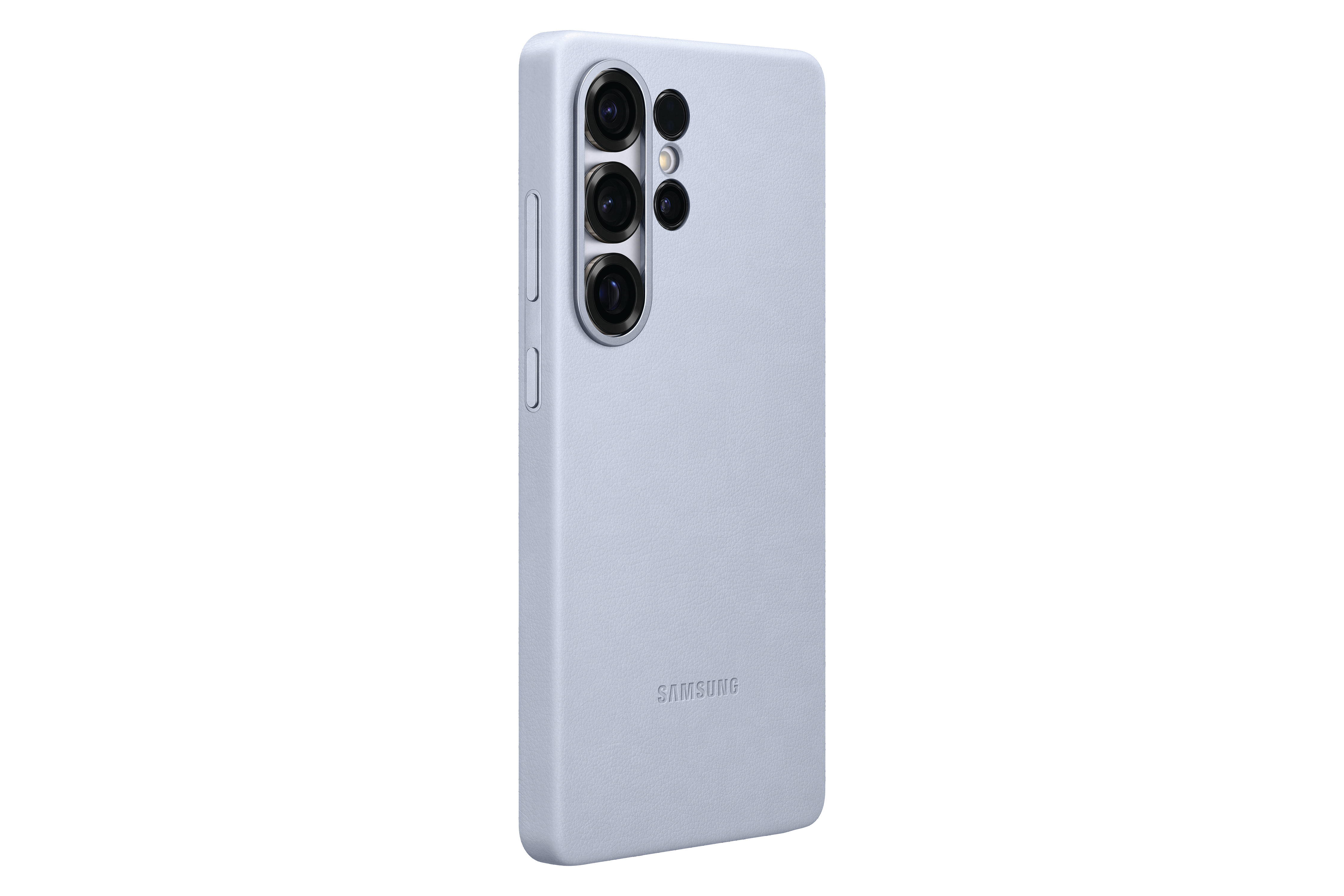 Eine hellblaue Handyhülle mit drei Kameras und dem Samsung-Logo auf weißem Hintergrund.