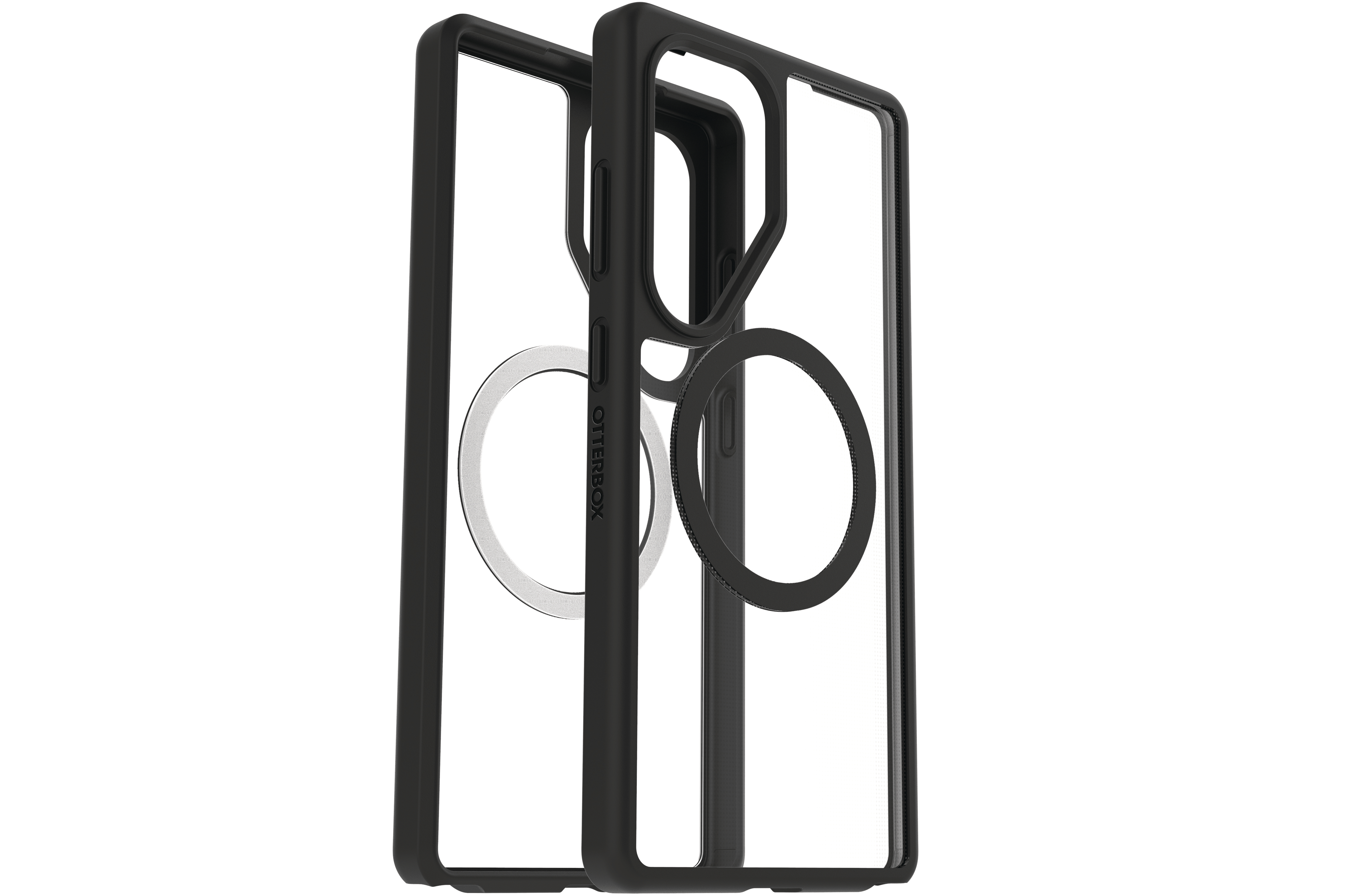 Eine transparente Handyhülle mit schwarzem Rahmen und Magnetring.