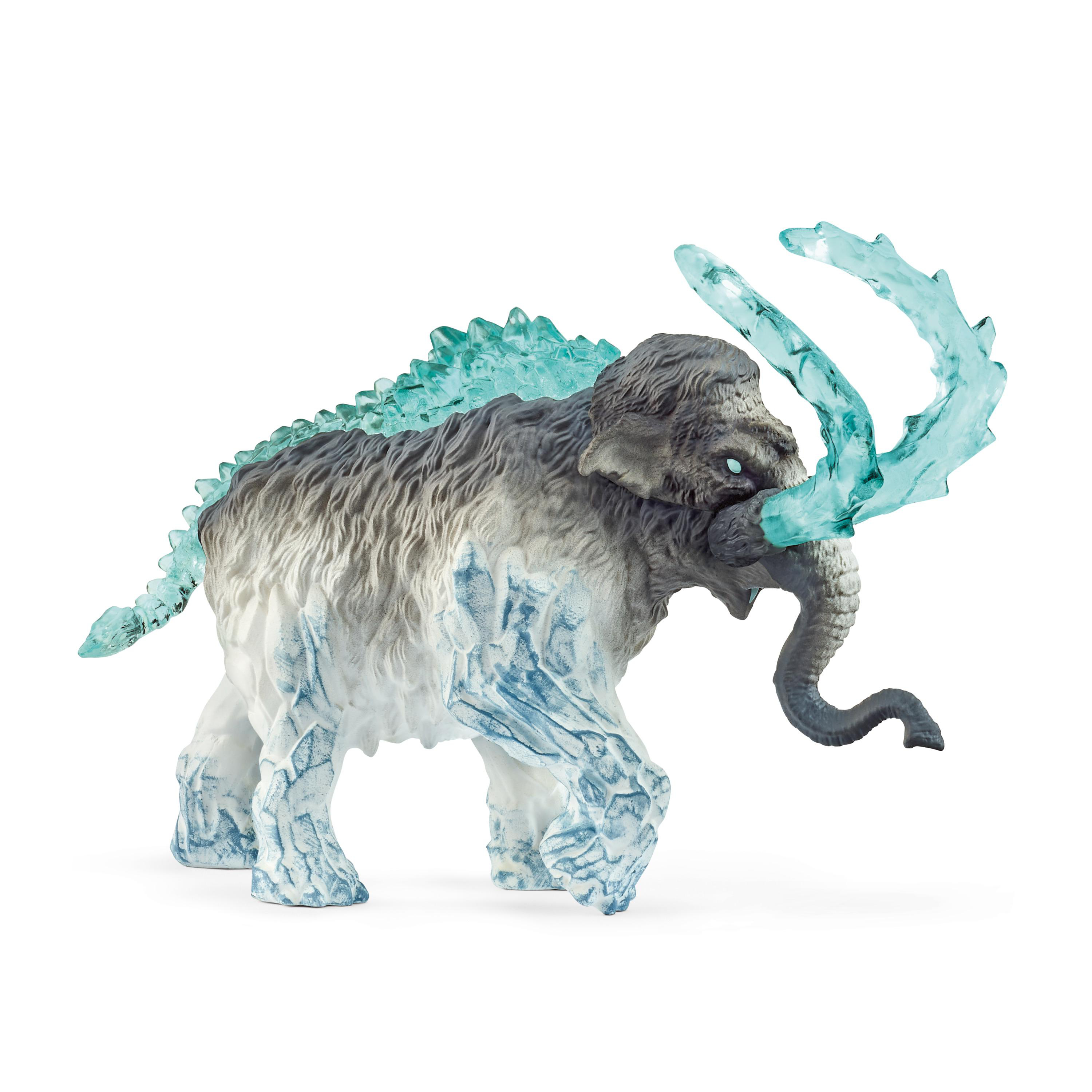 Ein Spielzeugmammut mit eisblauen Stoßzähnen und Akzenten auf weißem Hintergrund.