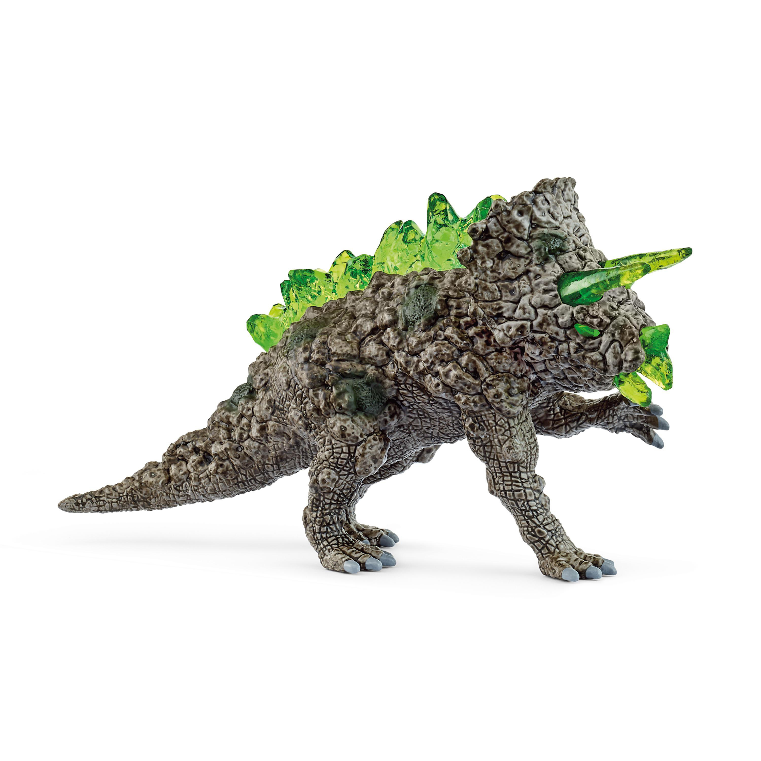 Graues Dinosaurierspielzeug mit grünen Stacheln und Hörnern. Es steht vor weißem Hintergrund.
