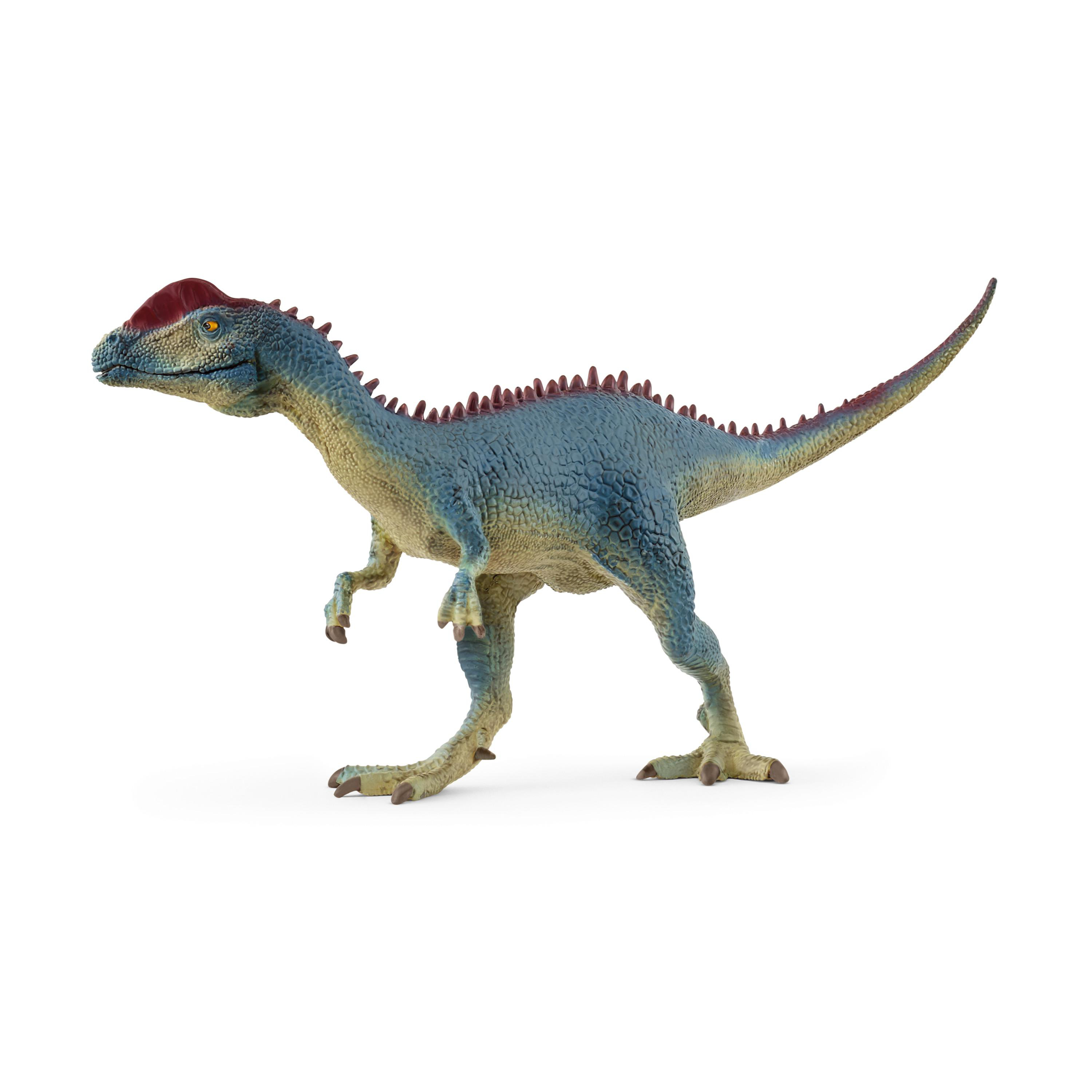 Blaues Dinosaurier-Spielzeug mit rotem Kamm, das auf einer weißen Oberfläche steht.