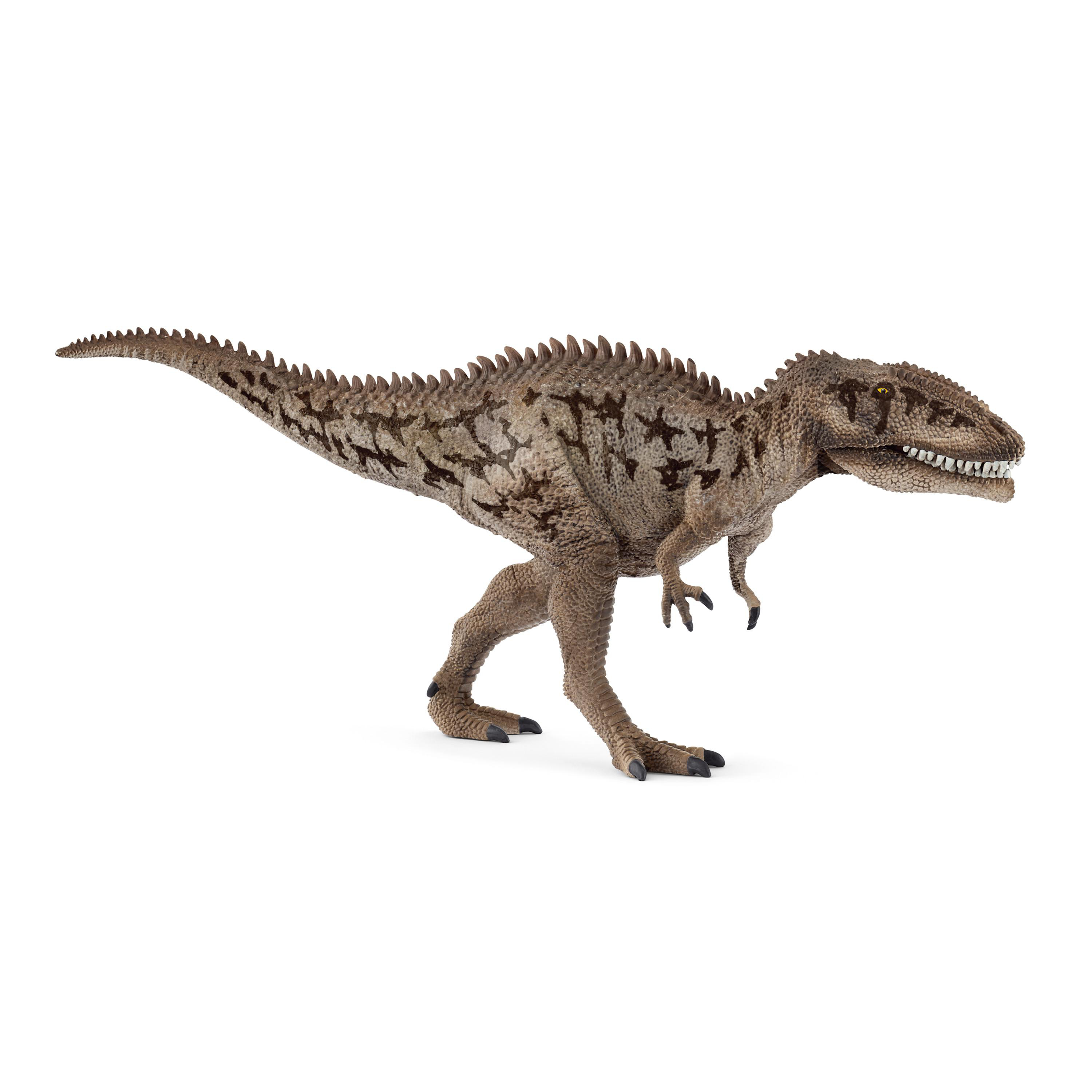 Dinosaurierspielzeug, braun und beige, steht auf zwei Beinen. Weißer Hintergrund.