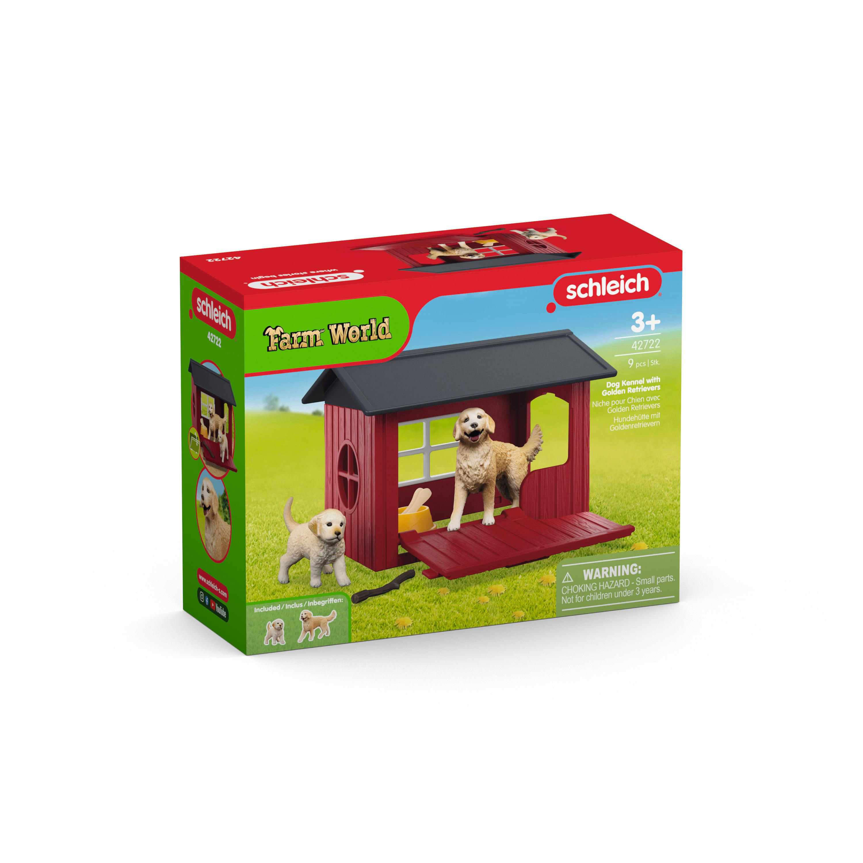 Spielzeug-Hundehütte mit Hunde- und Welpenfiguren. Die Verpackung ist sichtbar.