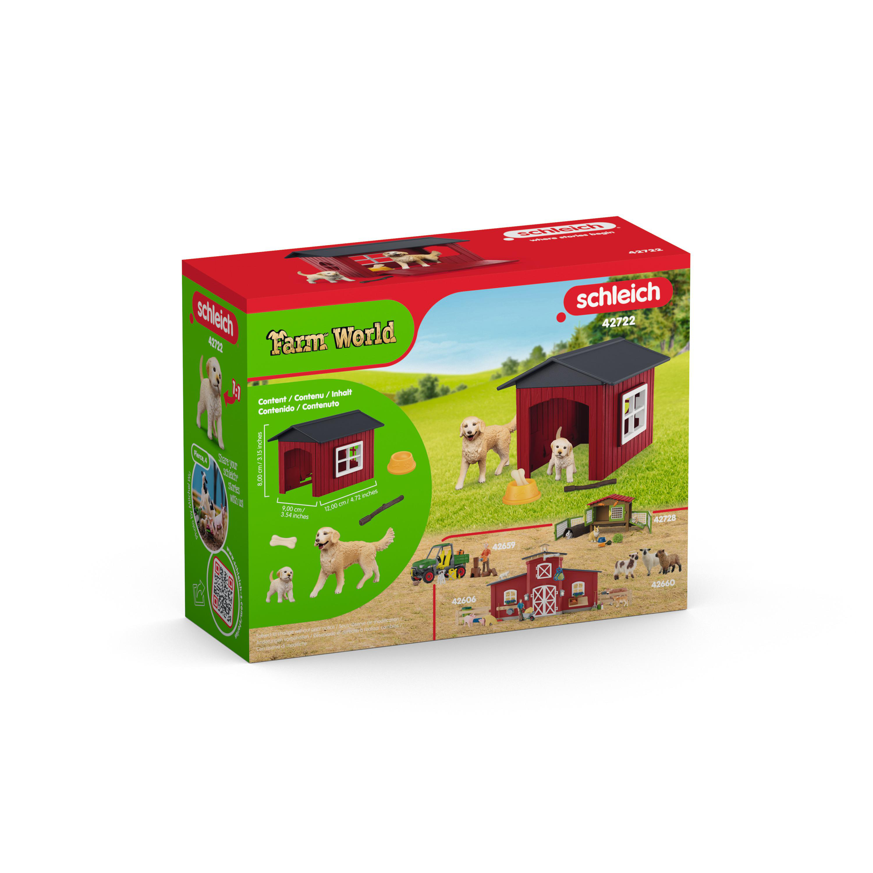 Schleich Farm World Box mit roter Scheune, Hunden und Hoftieren auf weißem Grund.