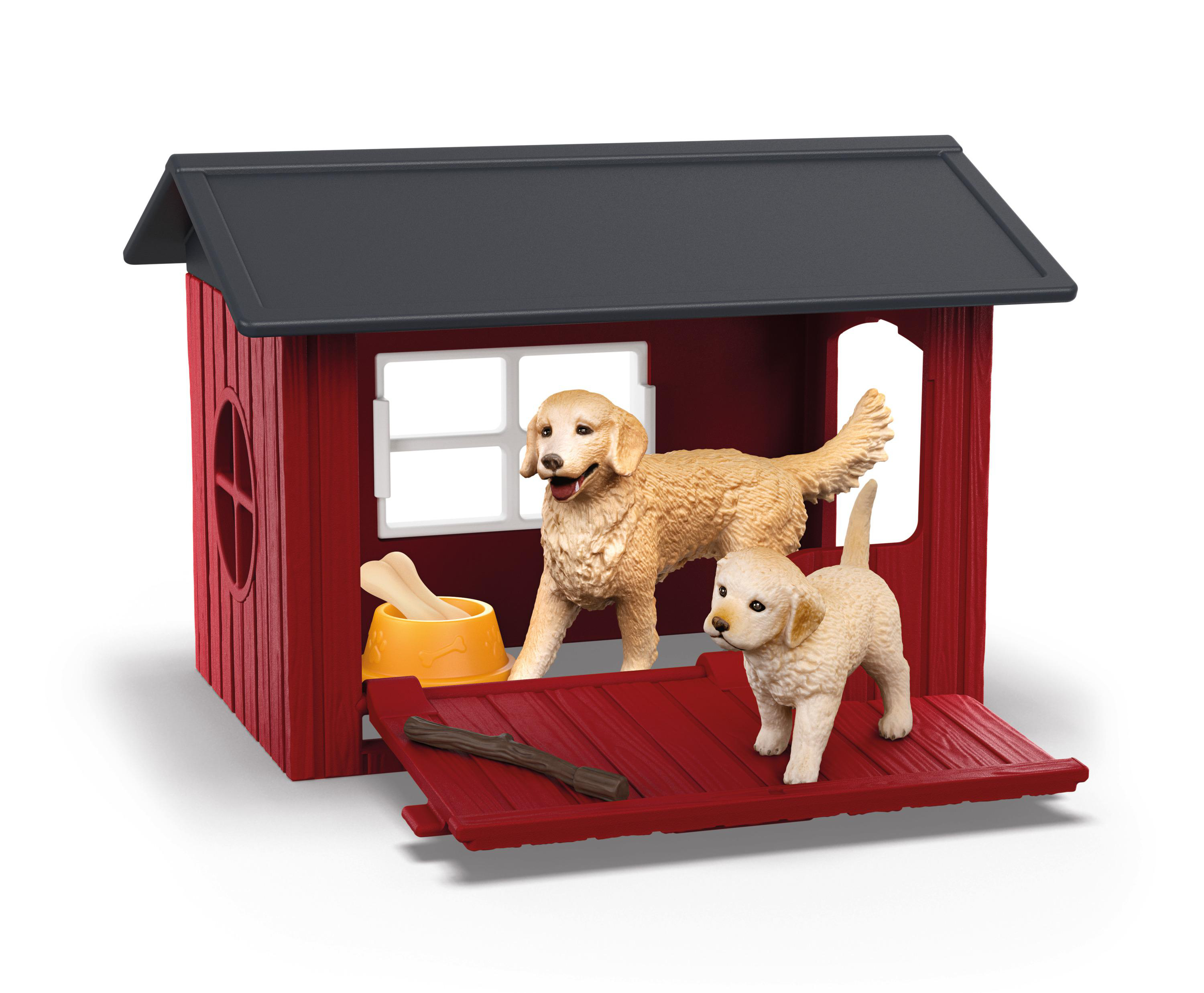 Ein rotes Hundehäuschen mit zwei Golden Retrievern. Ein Erwachsener und ein Welpe stehen da. Es gibt auch einen Knochen und einen Stock.