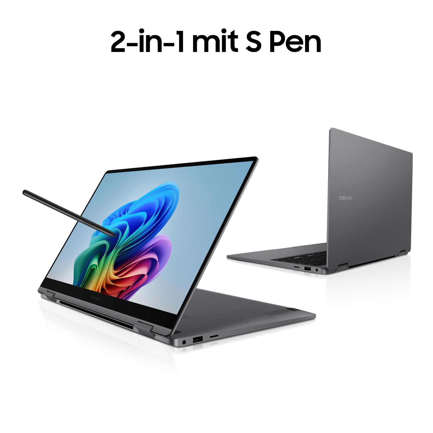 Zwei Laptops, einer offen mit farbenfrohem Bildschirm und Stift. Weißer Hintergrund.