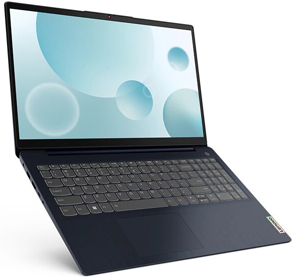 Sötétkék Lenovo laptop, nyitva és ferdén, világoskék és fehér háttérrel.