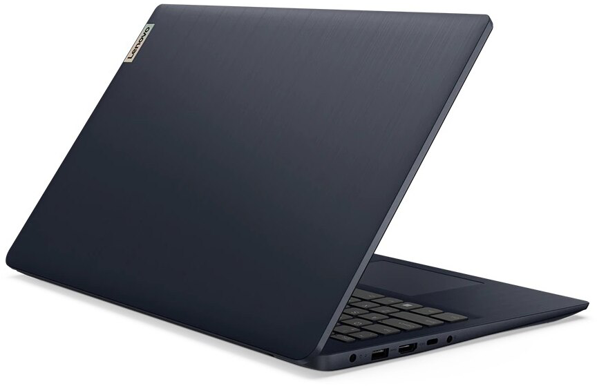 Kék laptop Lenovo logóval, nyitva fehér háttéren.