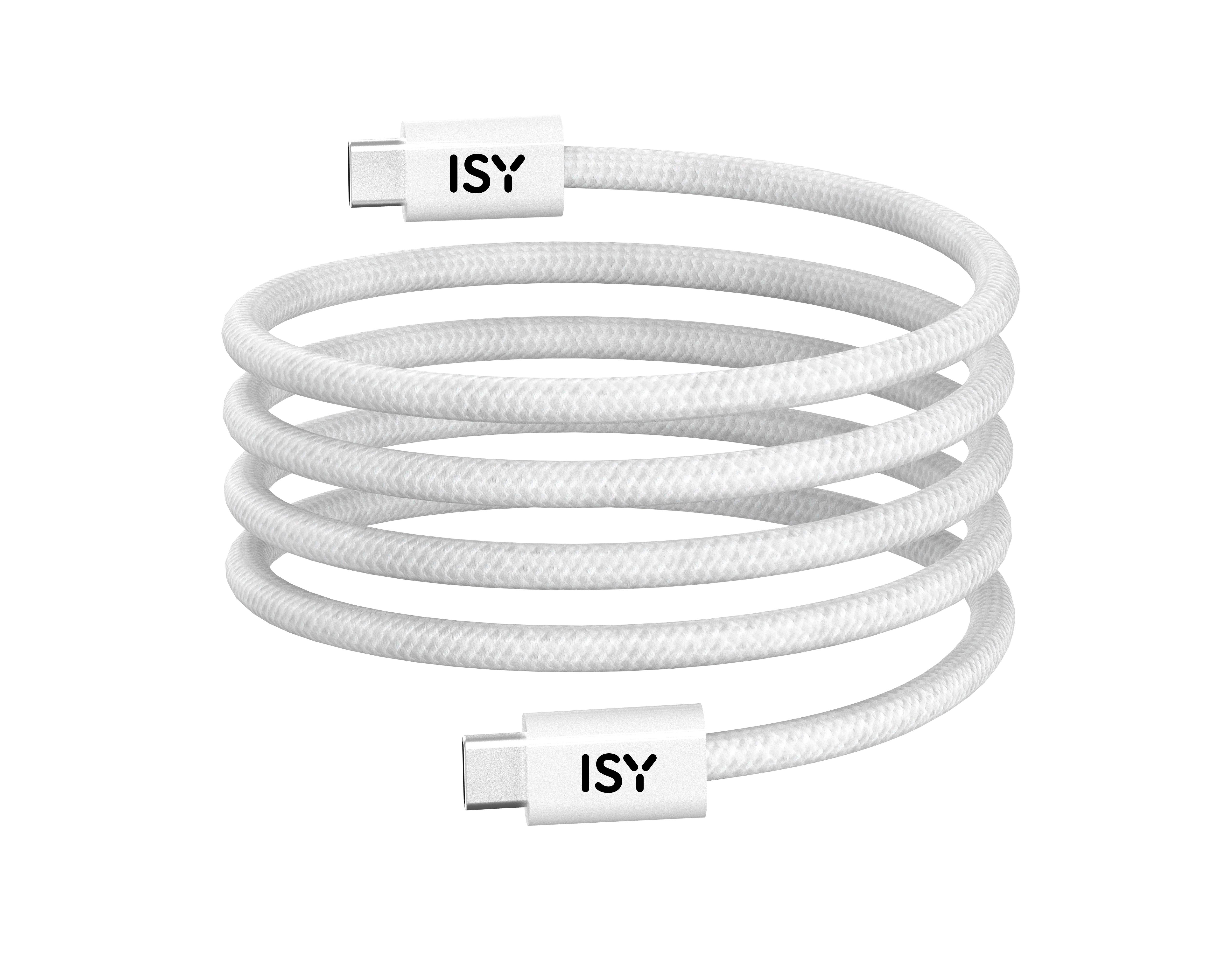 Ein weißes USB-C-Kabel, spiralförmig aufgerollt, mit 'ISY' an beiden Enden.
