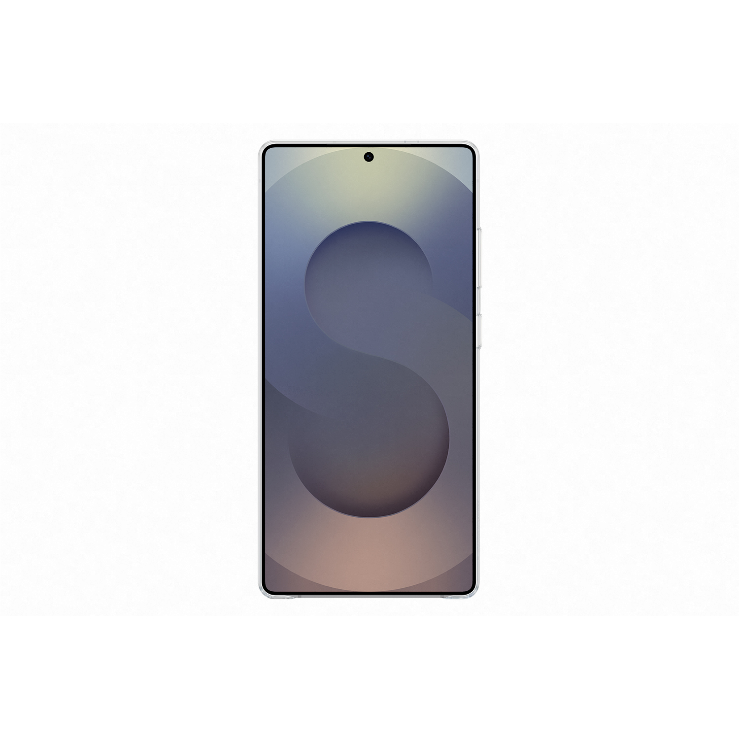 Smartphone con pantalla mostrando una forma de S azul y amarilla, aislado sobre fondo blanco.