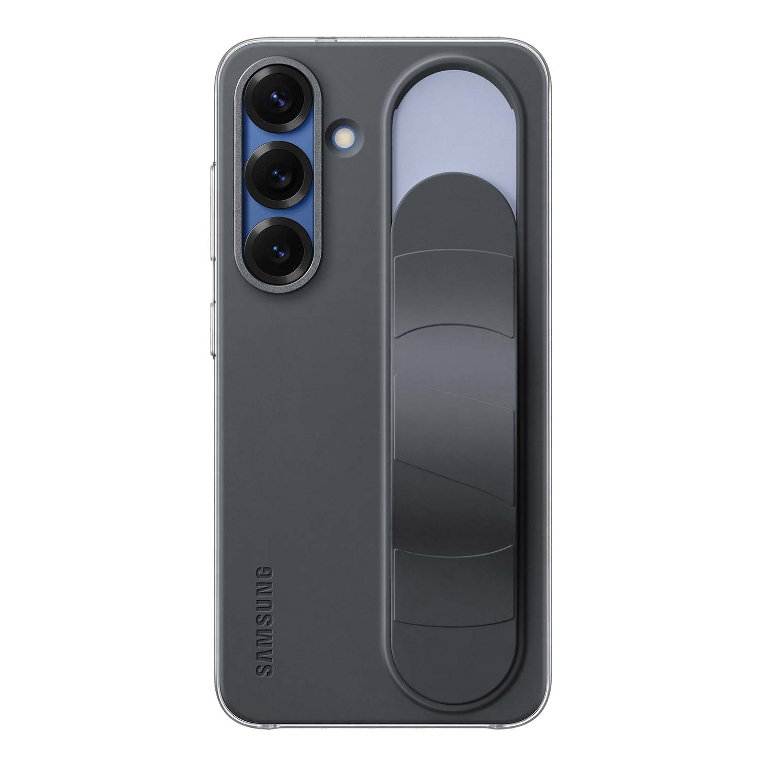 Una funda para teléfono Samsung gris oscuro con una correa en la parte trasera. Las lentes de la cámara son visibles.