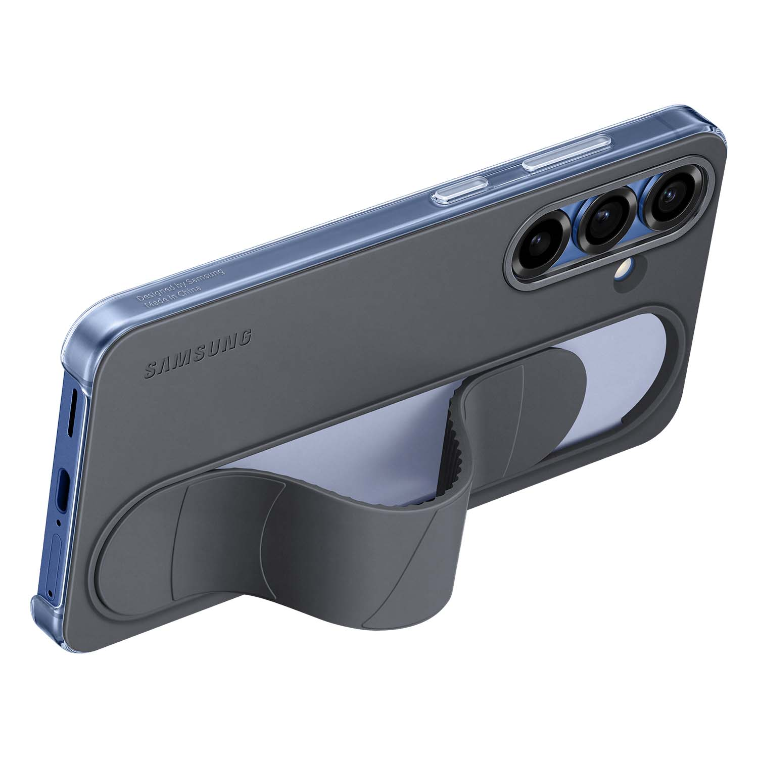 Funda gris para smartphone con soporte y parte trasera transparente, con logo Samsung.