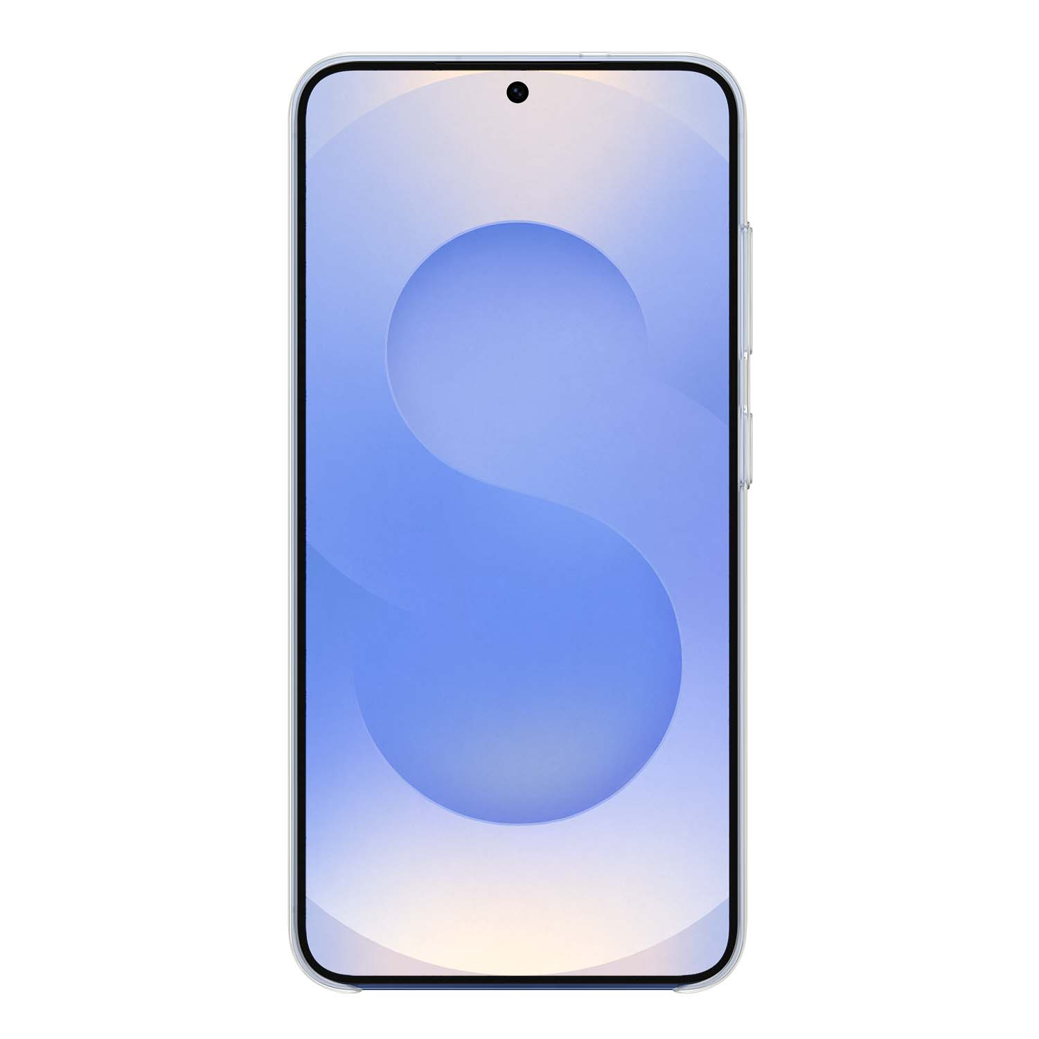 Un smartphone azul claro con una pantalla que muestra una letra S borrosa.