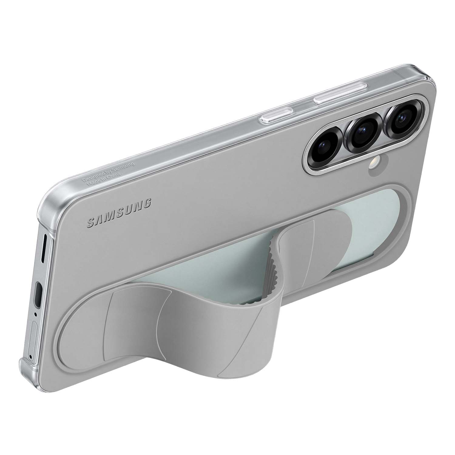 Una funda gris para teléfono con un agarre en la parte trasera, sosteniendo un teléfono Samsung.