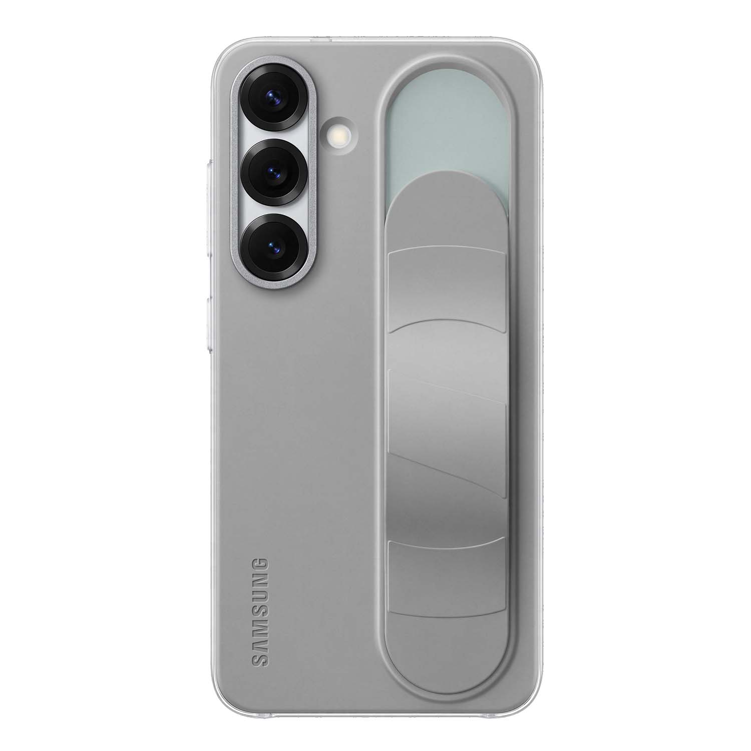 Una funda plateada para teléfono con agarre en la parte trasera. Se ven tres lentes de cámara. La palabra 'SAMSUNG' está impresa.