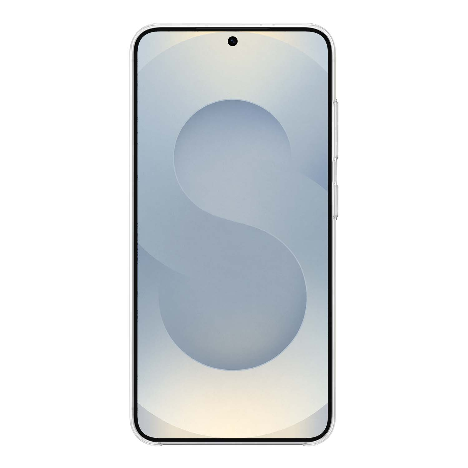 Teléfono Samsung con pantalla gris claro. La pantalla muestra una gran 'S' blanca.