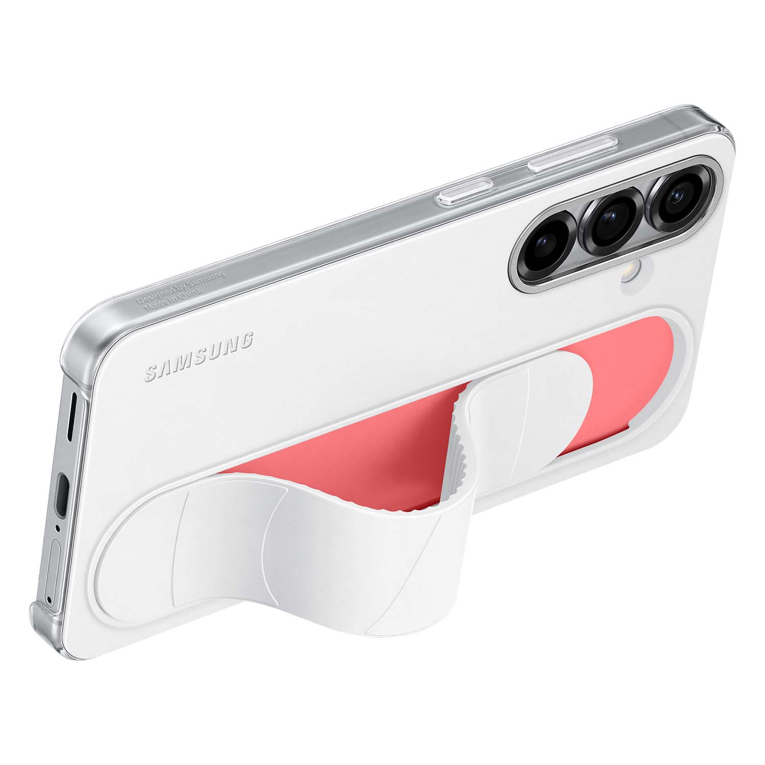 Smartphone blanco con funda transparente. Acento rojo y tres lentes de cámara.