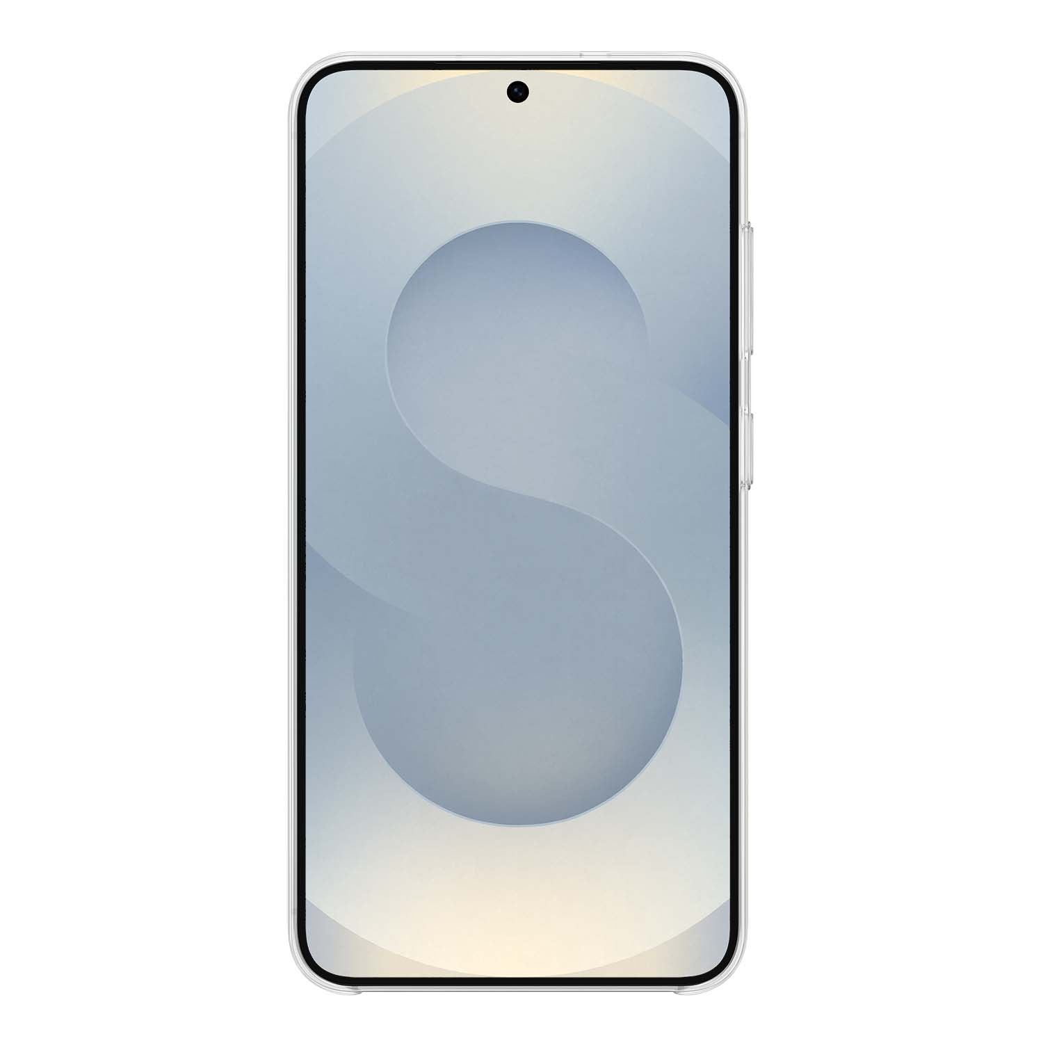 Smartphone, diseño 'S' gris claro en pantalla. Borde negro, fondo blanco. Vista frontal.