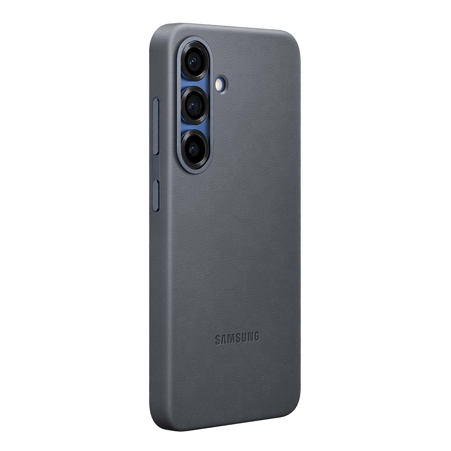 Funda gris oscura con tres lentes de cámara y el logo de Samsung.