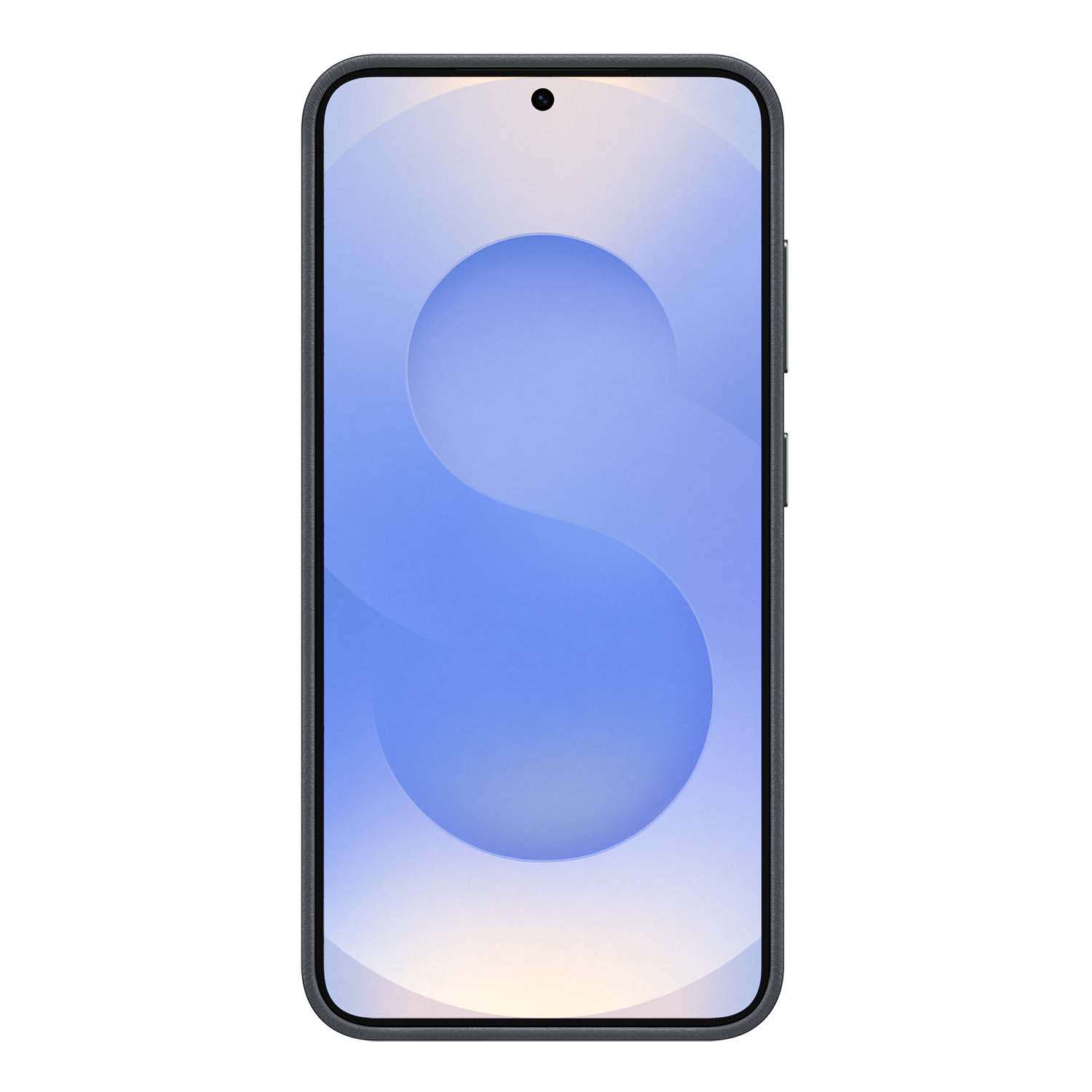 Un teléfono inteligente con marco negro y pantalla que muestra la letra S azul.