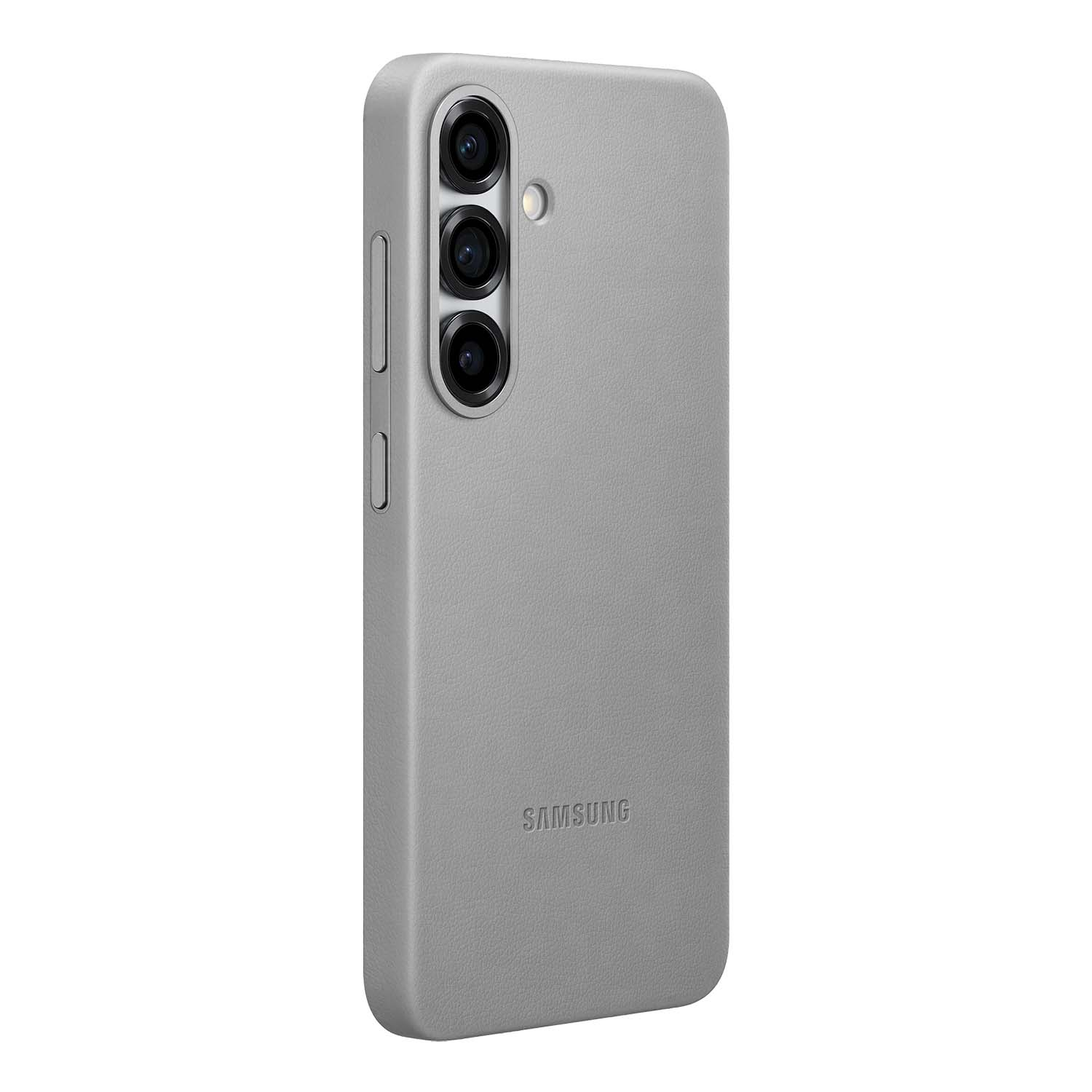 Funda de teléfono Samsung gris claro con lentes de cámara y el logotipo de Samsung.