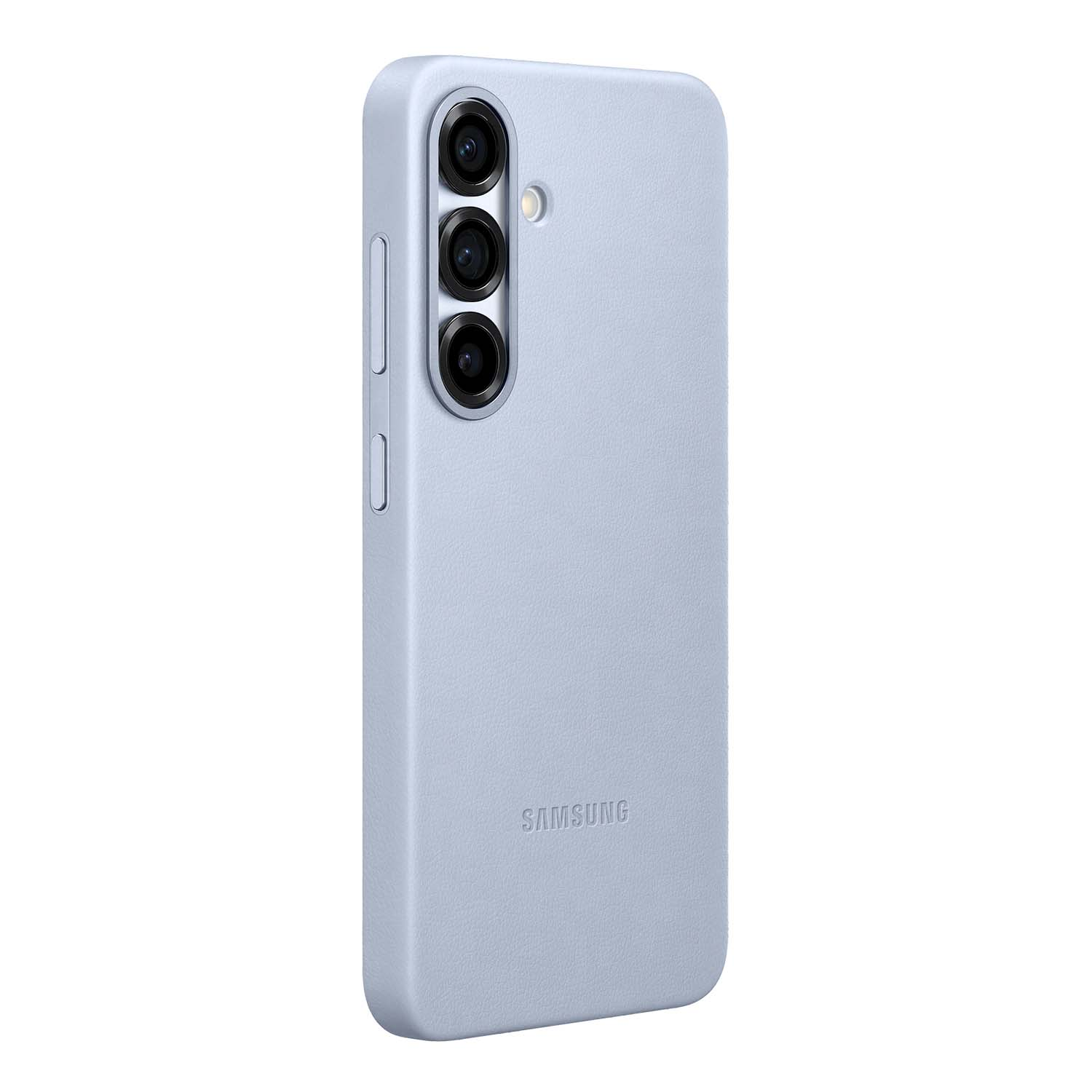 Funda de smartphone azul claro con triple cámara y logo Samsung.