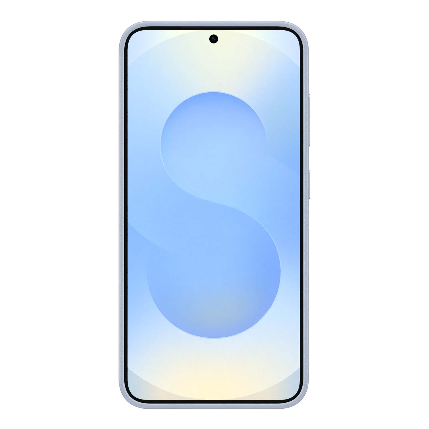 Un smartphone azul claro con una gran 'S' en la pantalla y una cámara frontal.