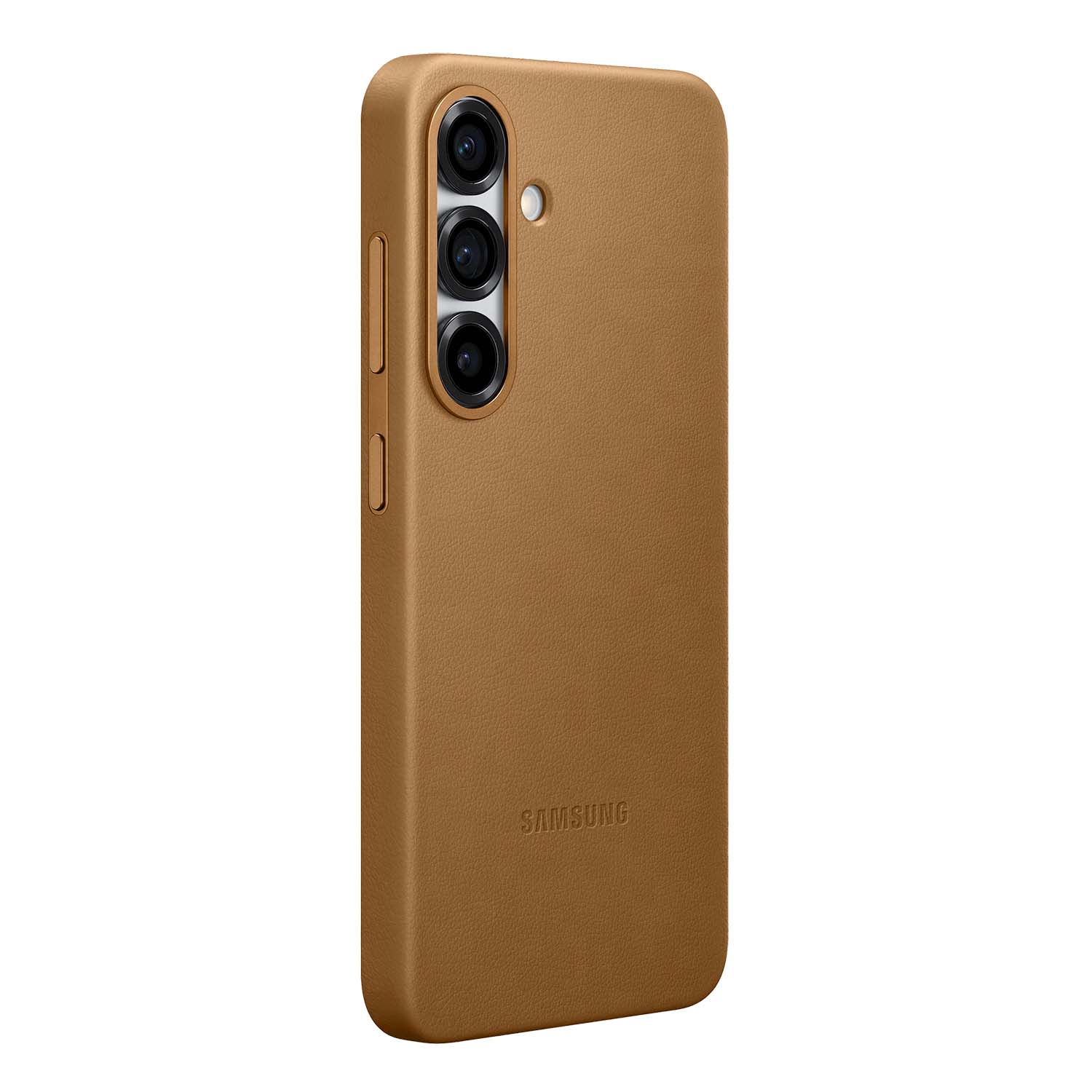 Funda de teléfono marrón, vista lateral, que muestra las lentes de la cámara y los botones.