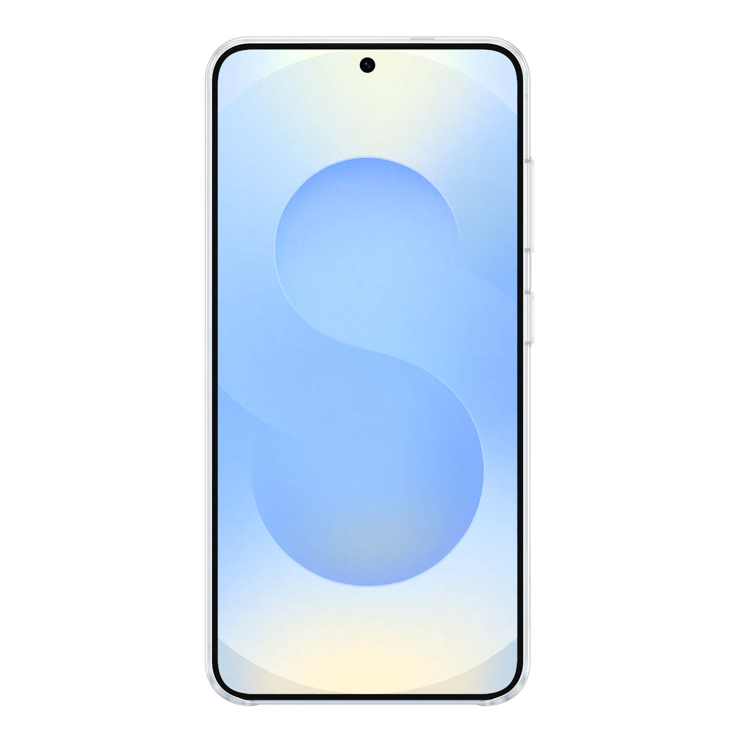 Smartphone con funda transparente, pantalla con gradiente azul y amarillo, fondo blanco.