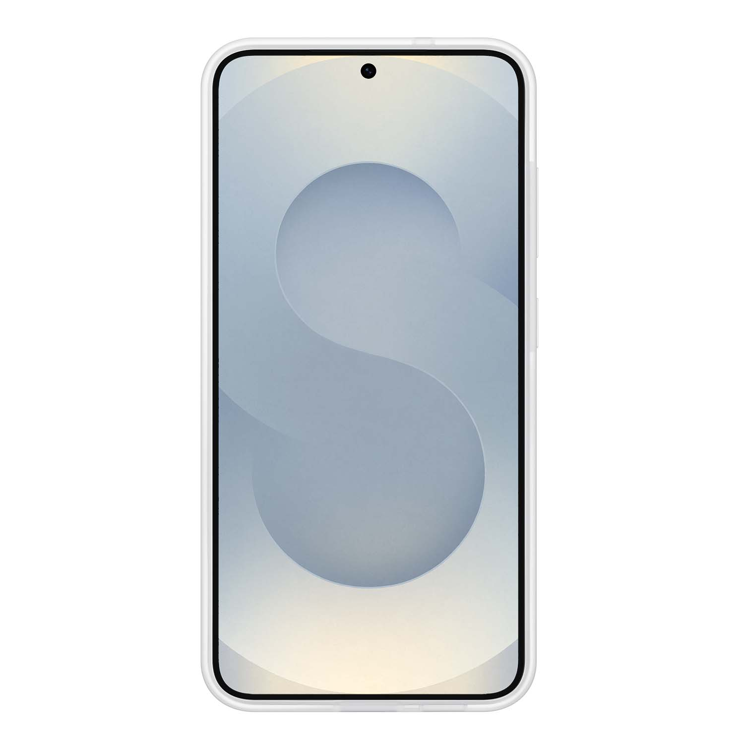 Smartphone con carcasa blanca y pantalla con diseño azul y la letra 'S'.
