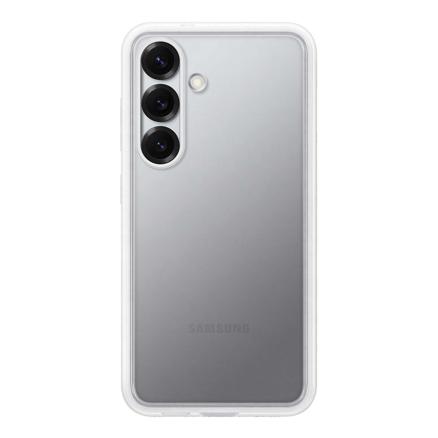 Una funda de teléfono transparente con borde blanco, que muestra un teléfono con tres cámaras.