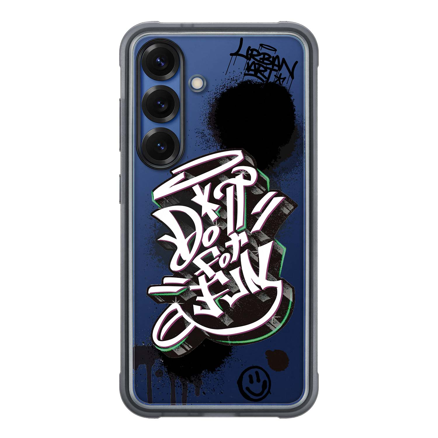 Funda de teléfono con diseño de arte graffiti, fondo azul, palabras "Don't Give Up". Aerosol negro.