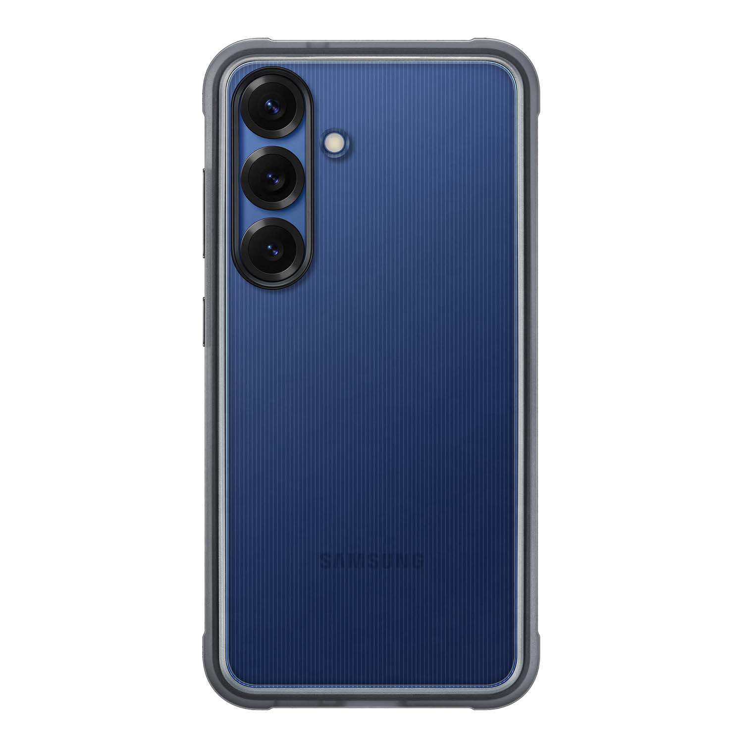 Funda azul y transparente en la parte trasera azul del teléfono con tres cámaras.