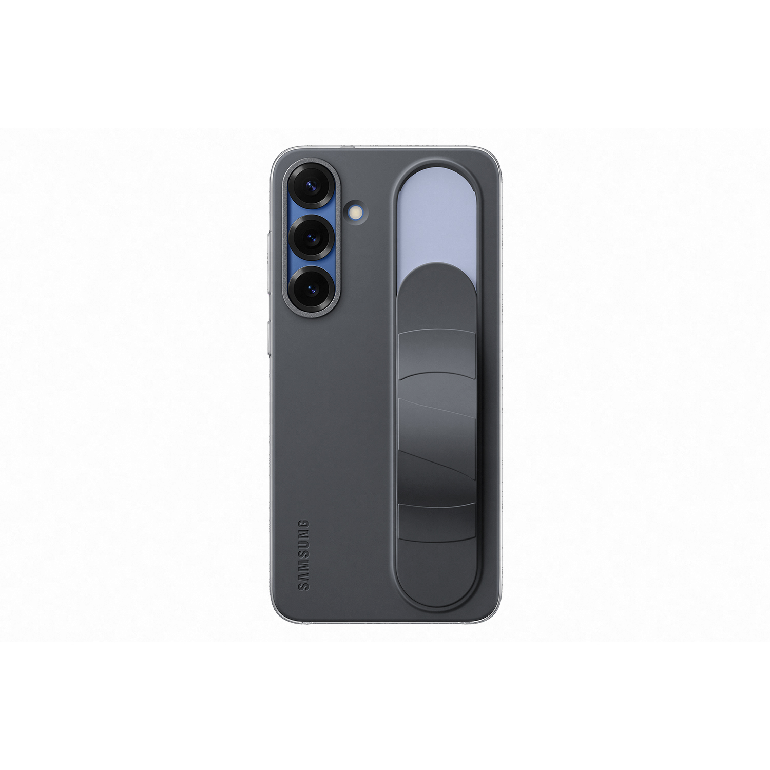 Una funda de teléfono gris con asa, con un logotipo de Samsung y tres cámaras.