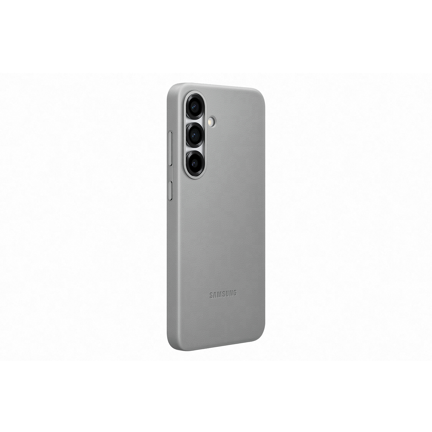 Funda de teléfono gris con teléfono dentro. La funda tiene una protuberancia de cámara.