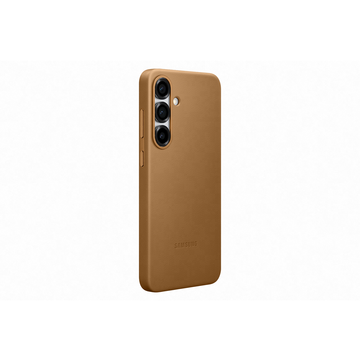 Una funda de teléfono en marrón. La funda tiene una cámara y tres lentes en la parte trasera.